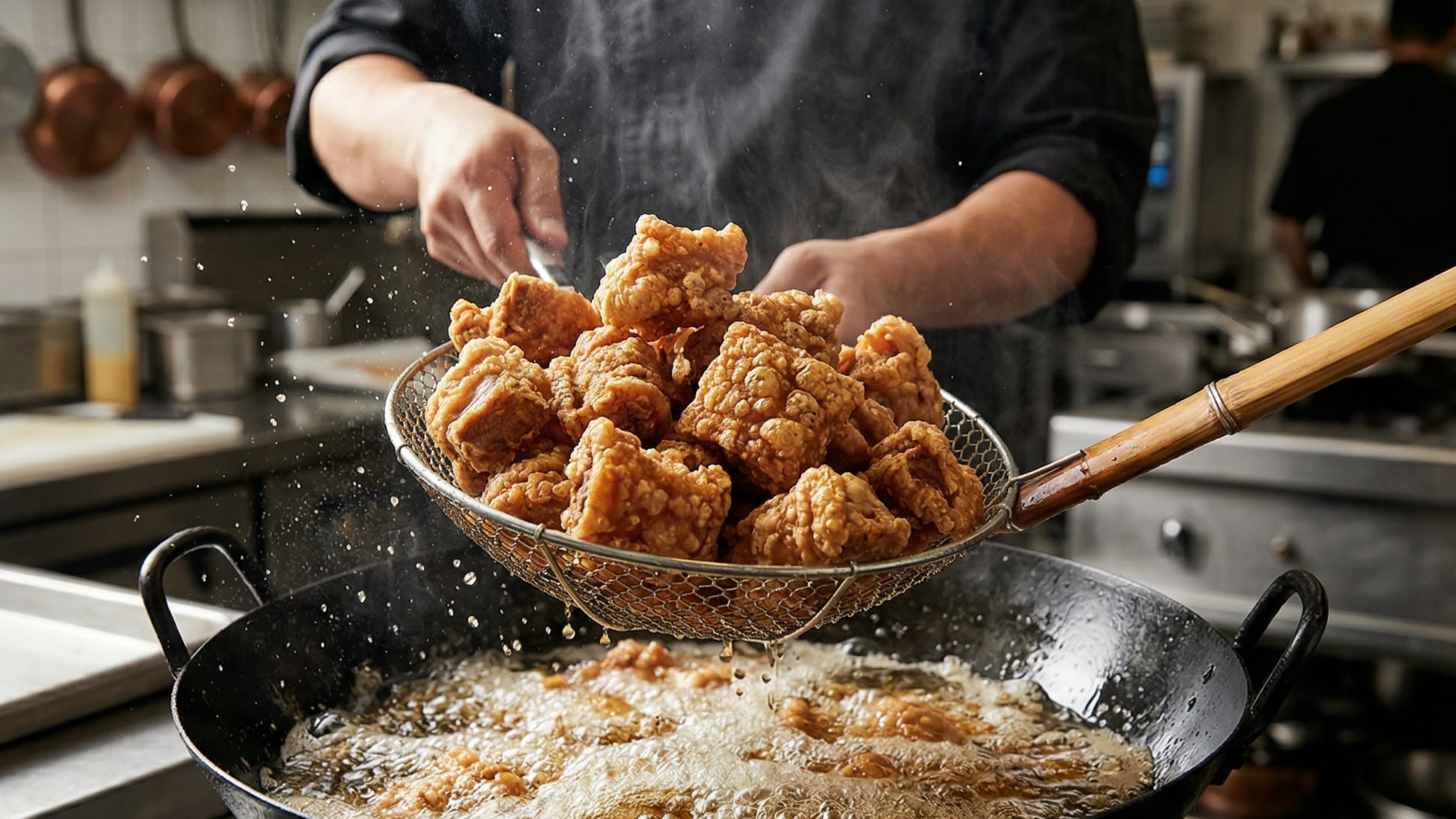 A dynamic action shot focusing on a traditional metal spider strainer lifting a large batch of freshly deep-fried, incredibly crispy, craggy, golden-brown pork chunks out of a wok full of bubbling, hot frying oil.