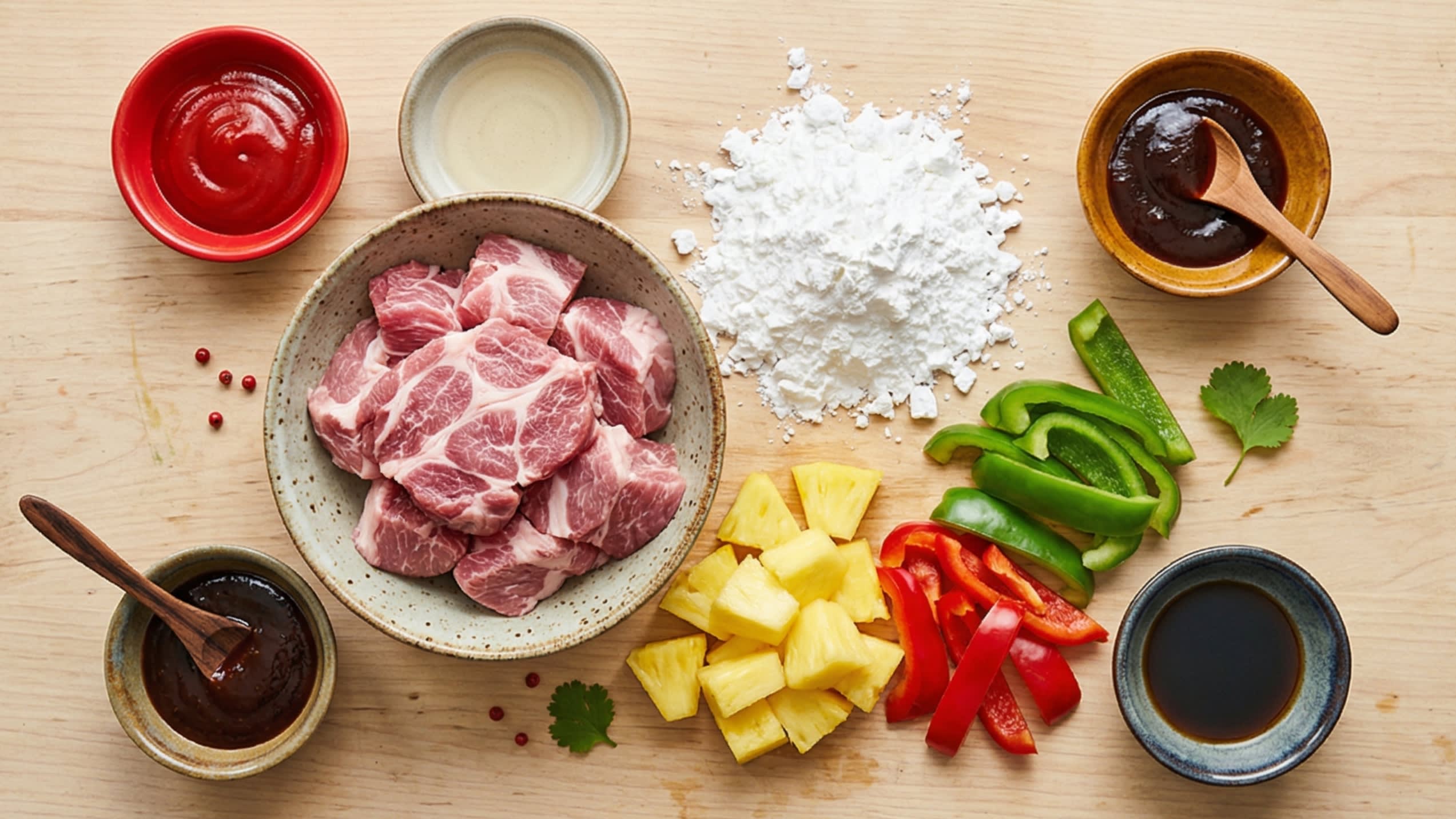A beautiful flat lay of fresh ingredients on a wooden board: heavily marbled pork shoulder chunks, bright yellow pineapple, vibrant green and red bell peppers, a mound of coarse sweet potato starch, and small ceramic bowls containing ketchup, rice vinegar, and plum sauce.