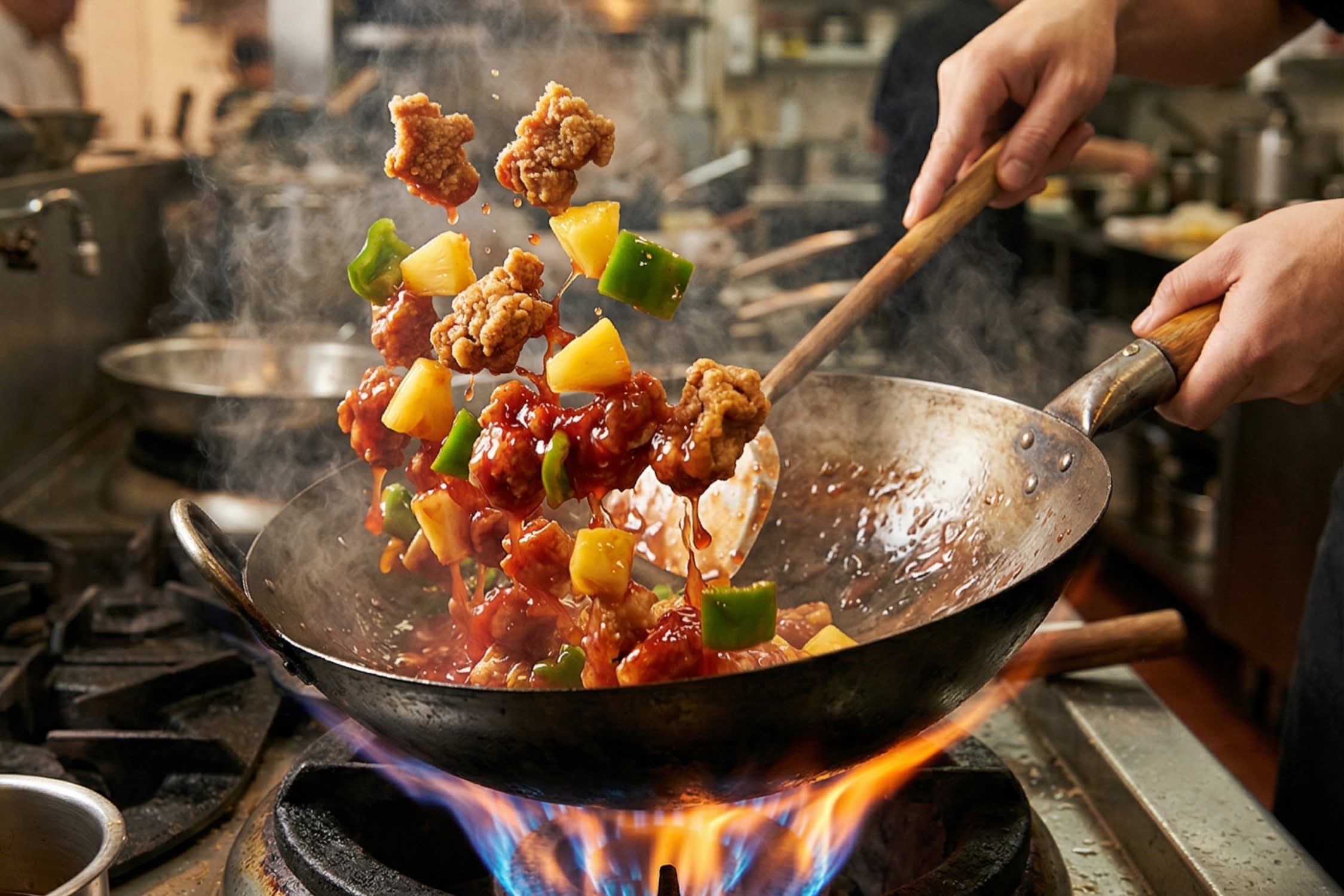 A close-up action shot looking down into a wok. A chef is tossing the extra-crispy golden pork chunks, bright yellow pineapples, and green peppers with the thick, glossy, bubbling, vibrant ruby-red sweet and sour sauce. Steam is rising.
