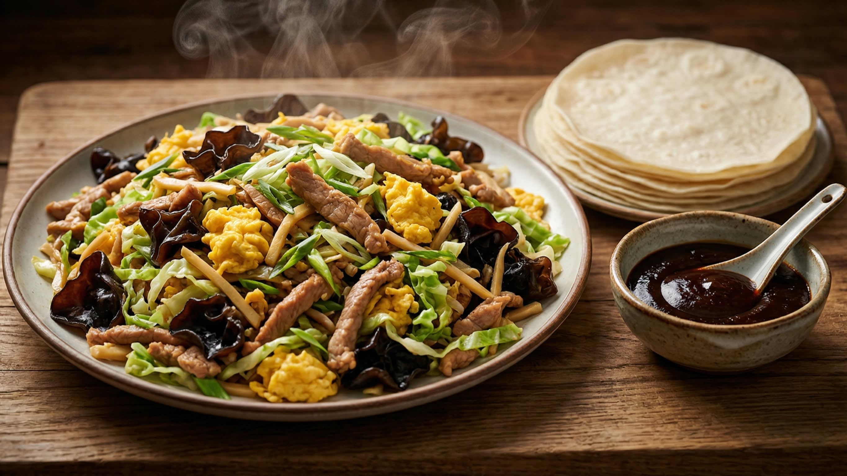 A breathtaking, high-definition close-up of a rustic wooden board featuring a massive platter of steaming Moo Shu Pork. The vibrant mix of tender pork, fluffy scrambled eggs, dark wood ear mushrooms, and green cabbage is sitting next to a stack of warm, paper-thin Mandarin pancakes and a small bowl of thick, dark Hoisin sauce.