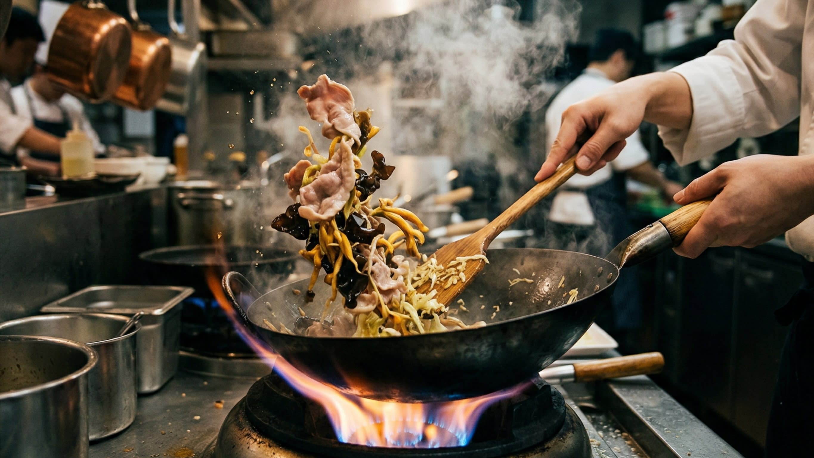 A dynamic action cooking shot looking down into a hot carbon steel wok. A chef is using a wooden spatula to quickly stir-fry thin, velvety slices of pork alongside crinkly black wood ear mushrooms and golden lily flowers. Steam is rising.