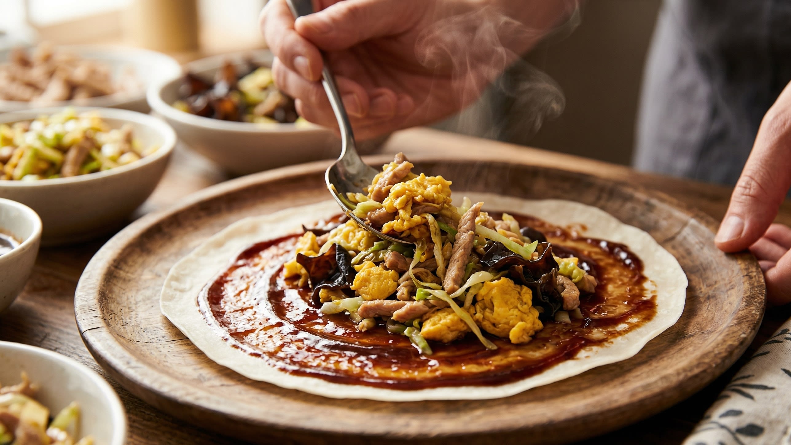 A close-up action shot showing a person assembling a Moo Shu wrap. A paper-thin white Mandarin pancake is laid flat, generously smeared with dark, glossy Hoisin sauce. A spoonful of the steaming, colorful Moo Shu Pork mixture is being placed in the center.