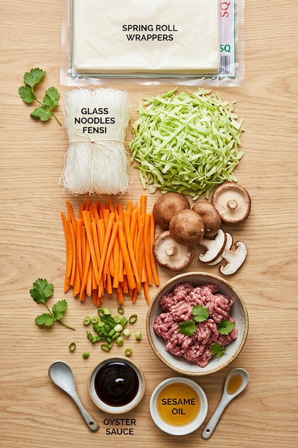 A beautiful flat lay of fresh ingredients on a wooden board: a package of square, paper-thin spring roll wrappers, a bundle of dry translucent glass noodles, finely shredded green cabbage, julienned carrots, fresh shiitake mushrooms, shredded pork, and small ceramic bowls of soy sauce and oyster sauce.