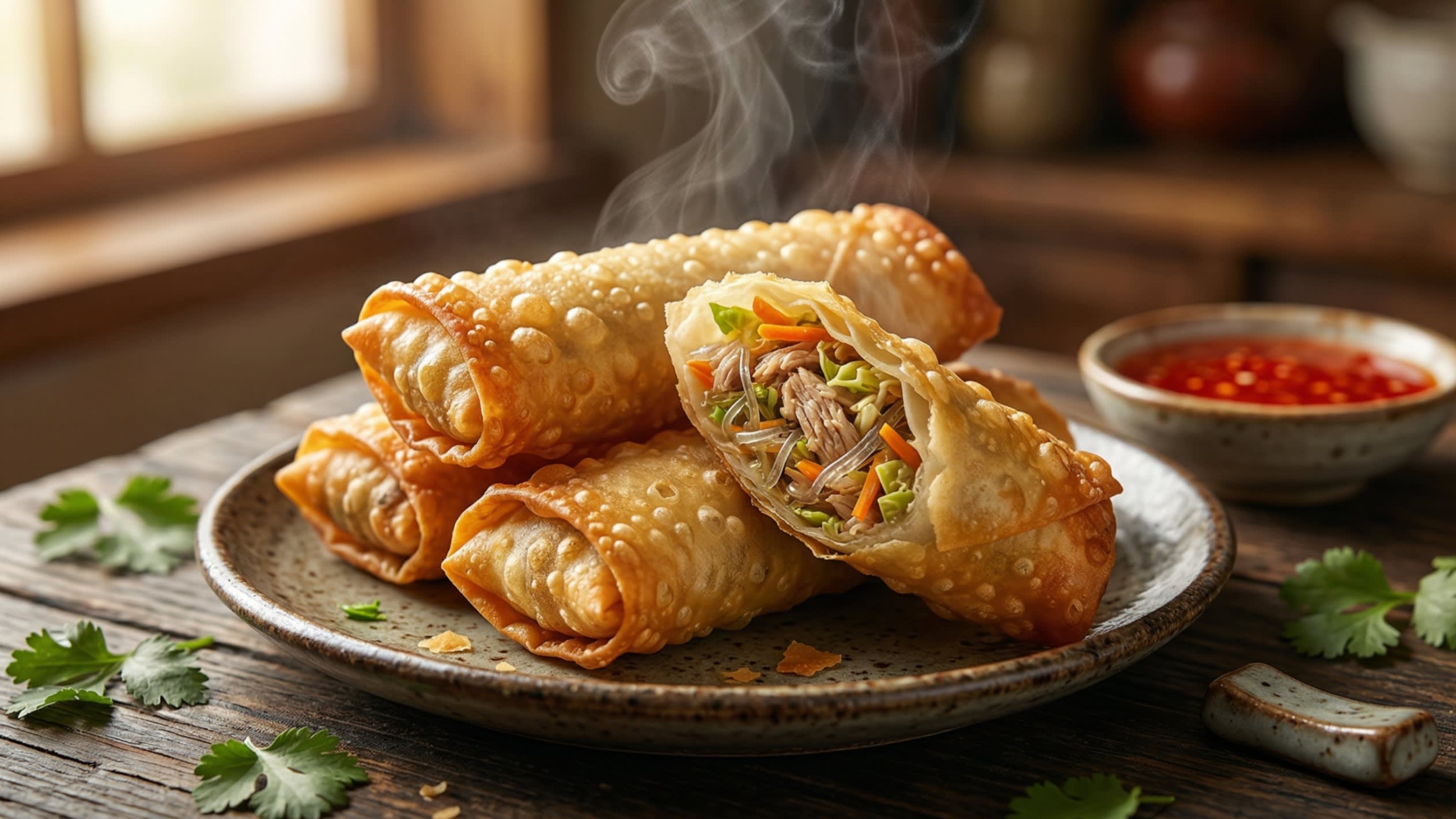 A breathtaking, high-definition close-up of a rustic ceramic plate stacked with golden-brown, shatteringly crisp Chinese Spring Rolls. One roll is cut in half on a diagonal, revealing a steaming, savory filling of shredded pork, glass noodles, carrots, and cabbage. A small bowl of vibrant red sweet chili sauce sits in the background.