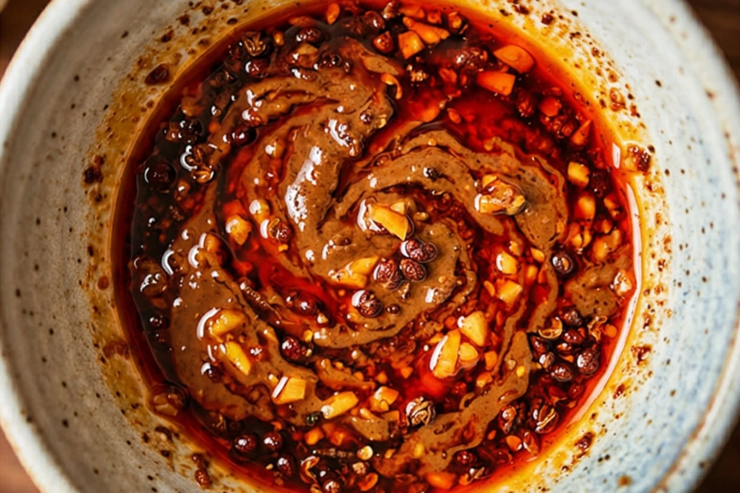 A vibrant food photography shot looking directly down into an aesthetic ceramic bowl. The thick, fiery red chili oil and brown sesame paste mixture sits at the bottom. The camera captures the moment right before the fresh, steaming noodles are placed on top of the sauce.