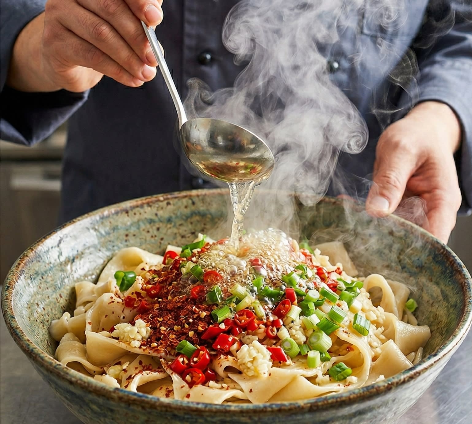 A vibrant, close-up action food photography shot looking down into a rustic ceramic bowl. A chef is pouring a steady stream of smoking hot, shimmering cooking oil from a ladle directly over a mountain of bright red chili flakes, crushed garlic, and green scallions resting on top of thick, wide noodles. Intense, hot sizzling action with plumes of appetizing steam.