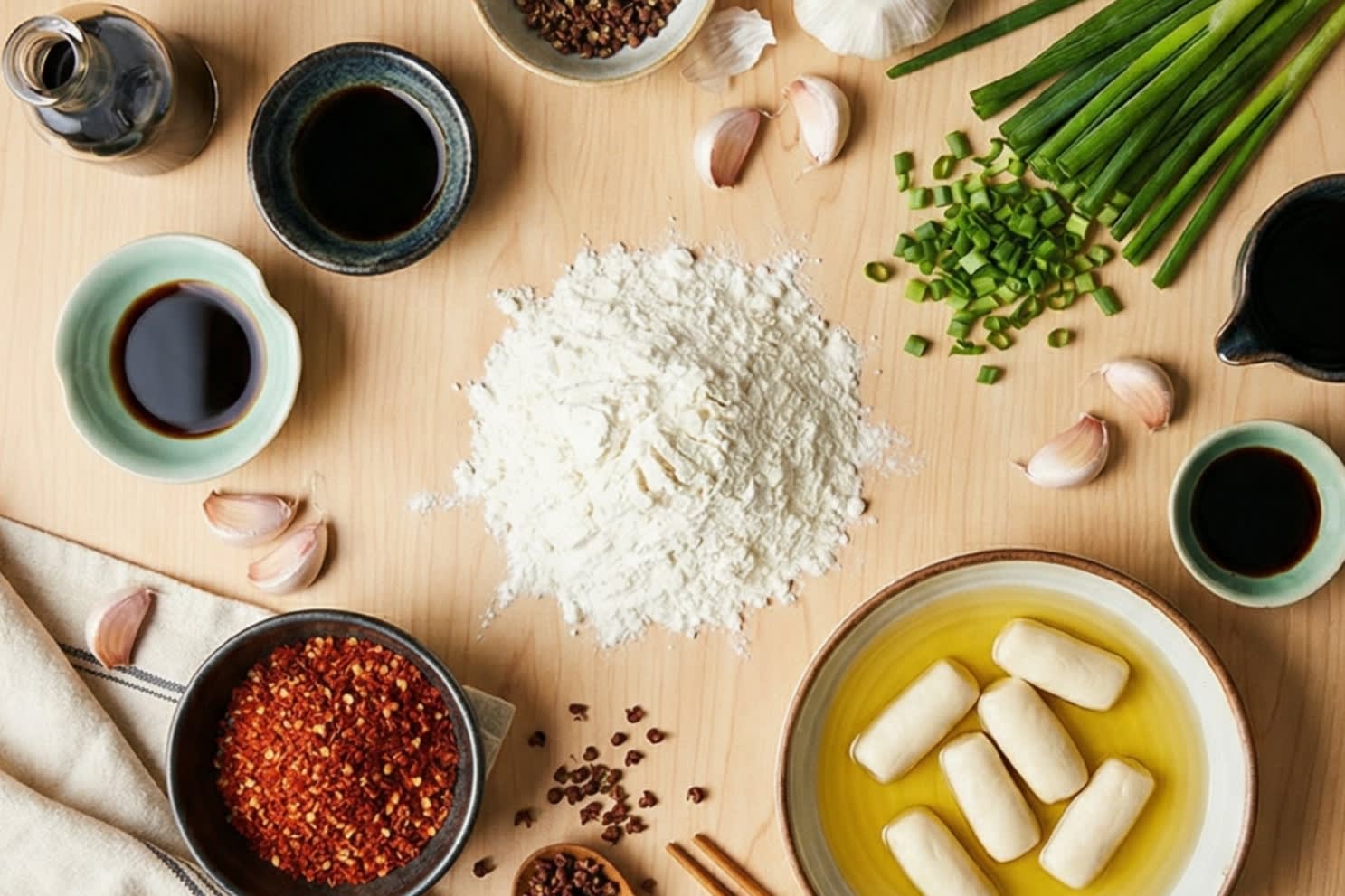 A beautiful flat lay of fresh ingredients on a wooden board: a mound of white bread flour, small logs of smooth dough soaking in a shallow pool of golden cooking oil, a bowl of bright red Sichuan chili flakes, fresh garlic cloves, vibrant green scallions, and black rice vinegar.