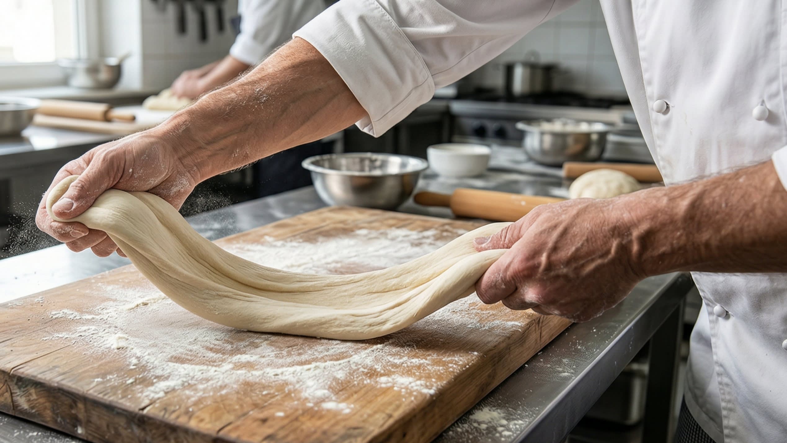 A dynamic close-up action shot focusing on a chef's hands masterfully stretching a piece of dough. The chef is pulling both ends of a wide, thick ribbon of dough, slapping its center aggressively against a wooden cutting board to stretch it into a long "belt" noodle.