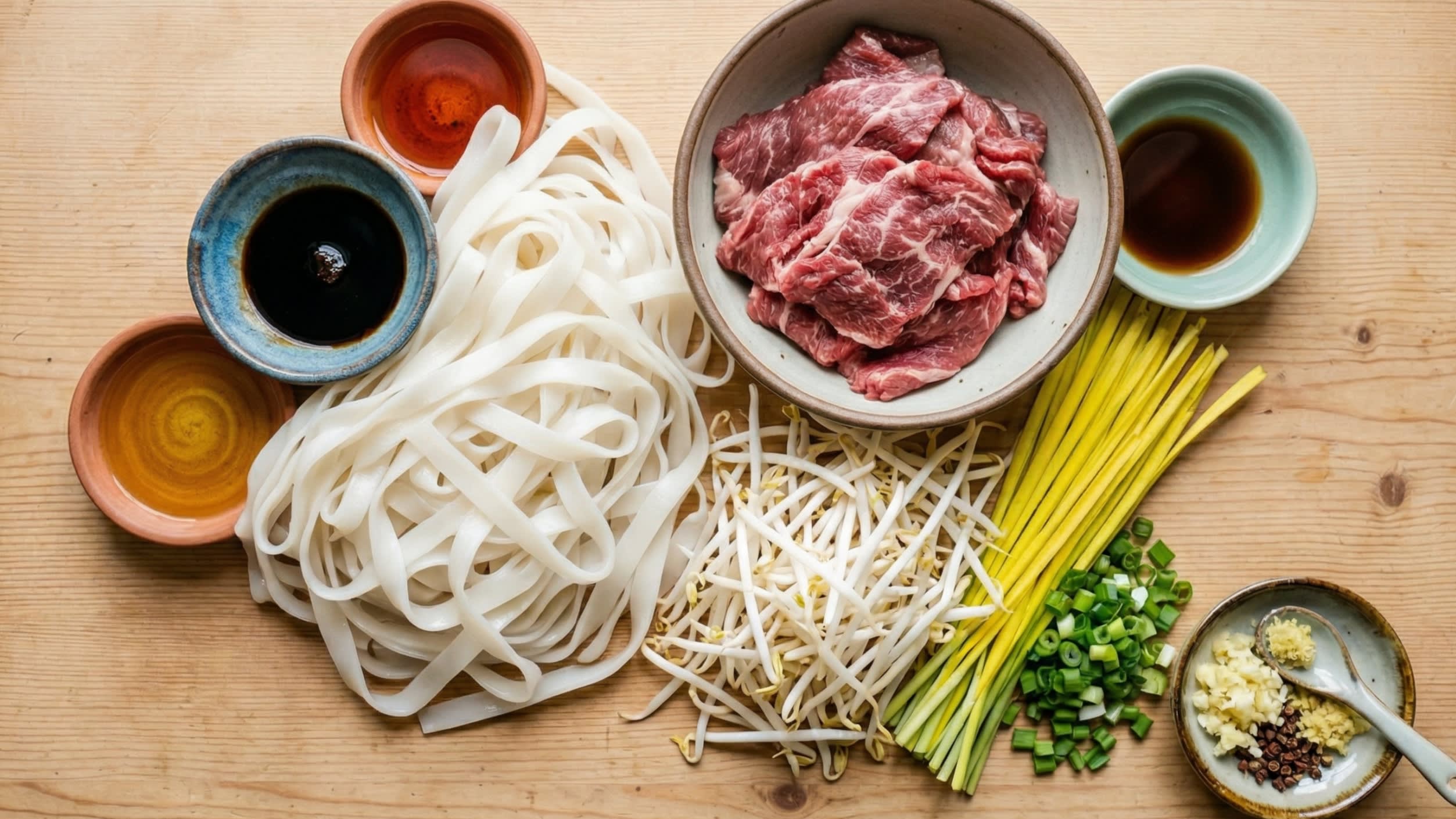 A beautiful flat lay of fresh ingredients on a wooden board: a mound of wide, fresh white rice noodles (Hefen), velvety raw beef slices, crisp mung bean sprouts, bright yellow chives, fresh scallions, and small ceramic bowls containing dark soy sauce, light soy sauce, and cooking oil.