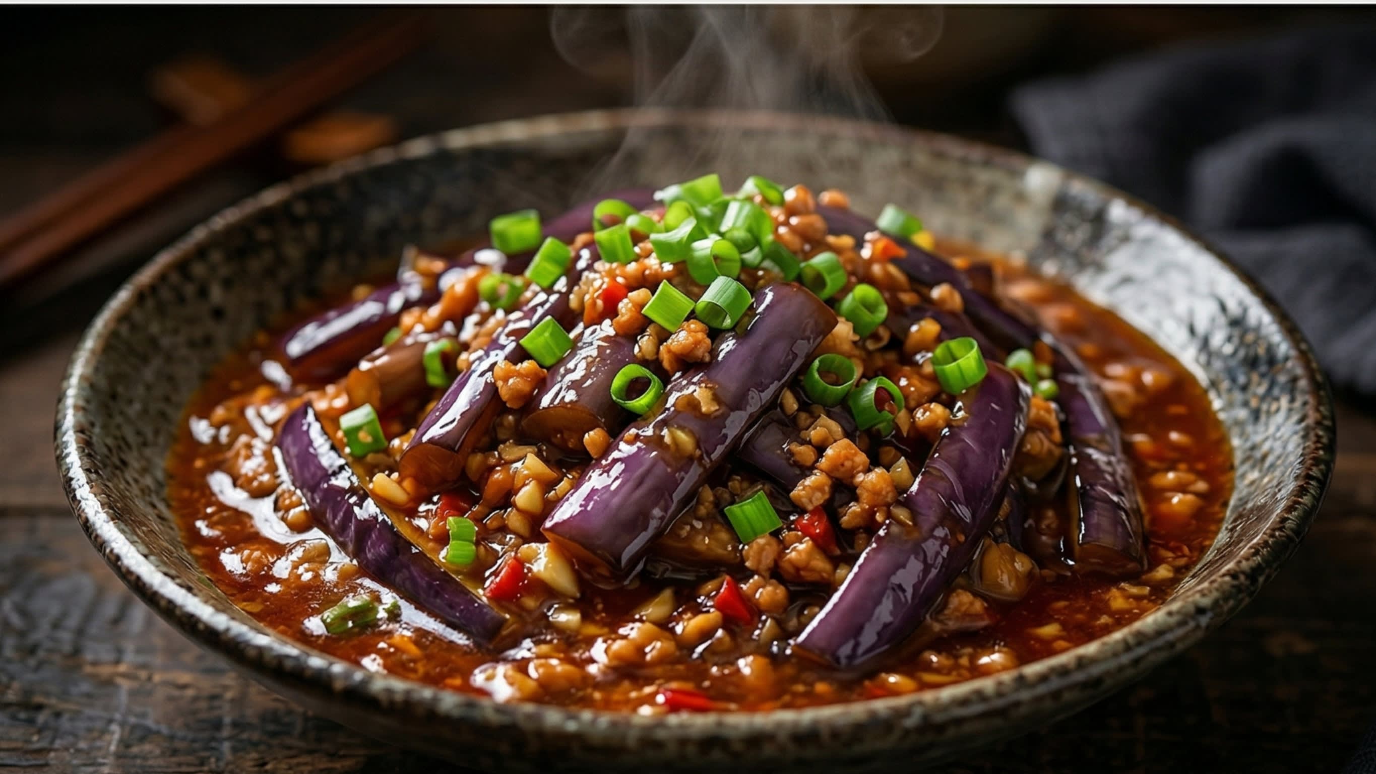 A breathtaking, high-definition close-up of a rustic ceramic bowl filled with authentic Chinese Eggplant with Garlic Sauce. The slender, deep-purple eggplant batons are incredibly soft and glistening, heavily coated in a thick, glossy, reddish-brown sweet, sour, and spicy garlic sauce. They are beautifully garnished with bright green scallions and tiny bits of minced pork. Hot steam gently rises in the warm, cinematic lighting.