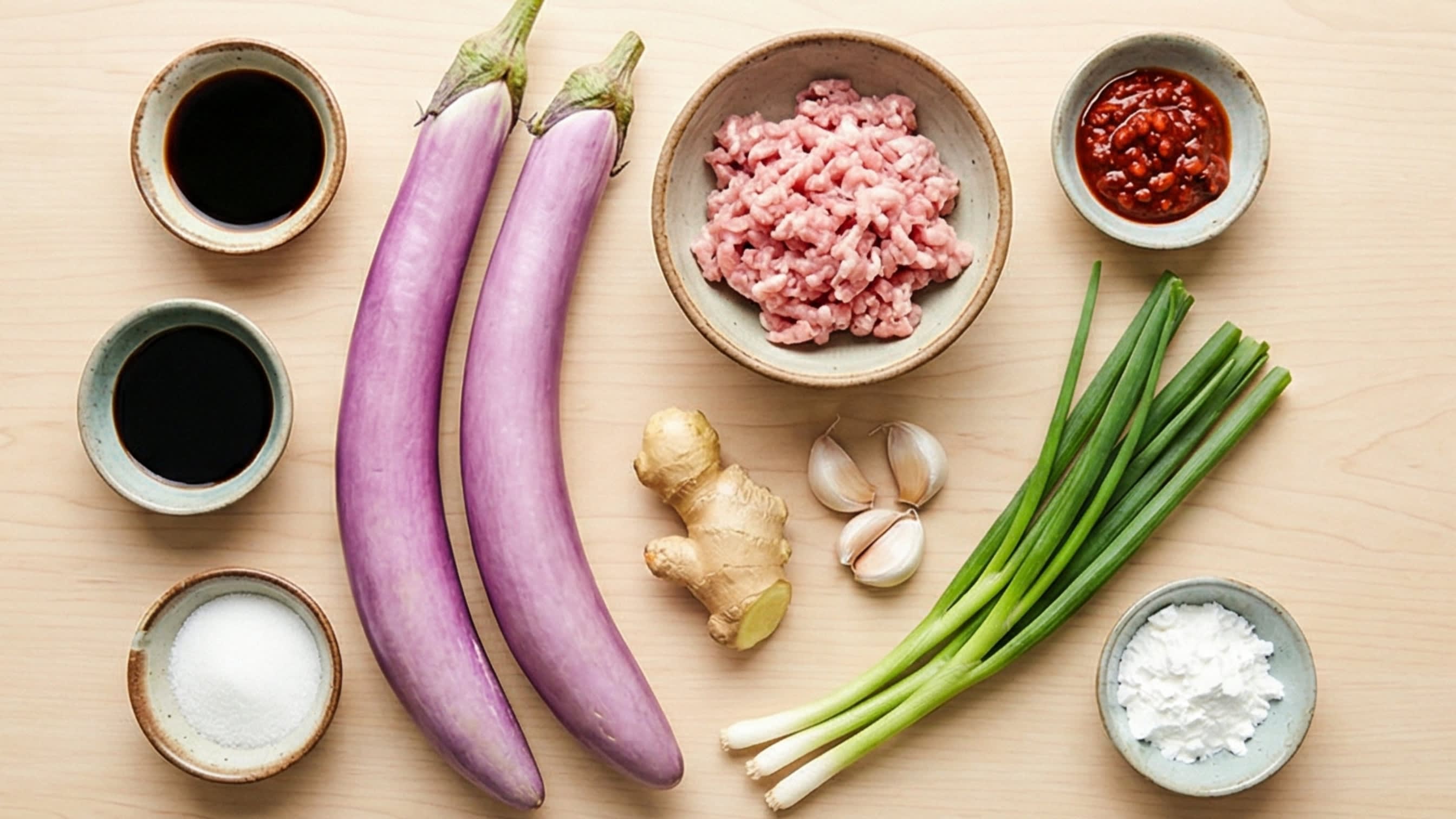 A beautiful flat lay of fresh ingredients on a wooden board: long, slender vibrant purple Chinese eggplants, a small bowl of raw minced pork, fiery red Pixian Doubanjiang (chili bean paste), fresh ginger root, garlic cloves, scallions, and small ceramic dipping dishes containing dark soy sauce, black vinegar, and sugar.