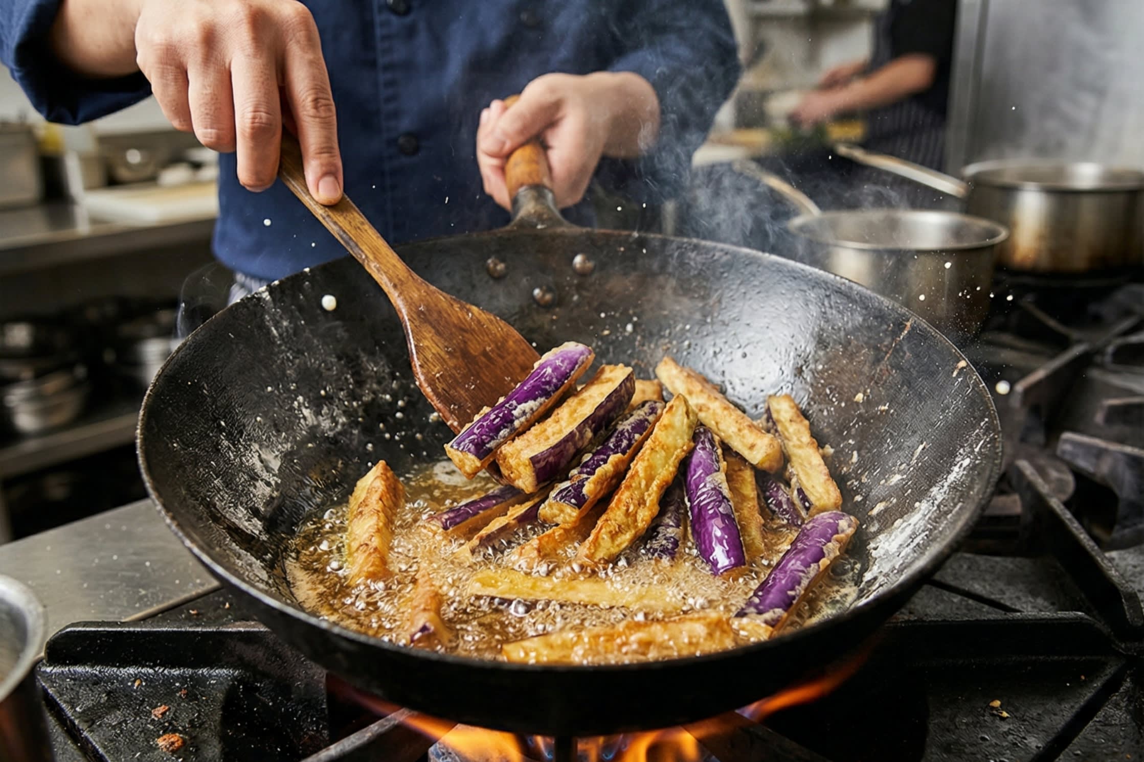 A dynamic close-up action shot looking down into a hot skillet. A chef is using a wooden spatula to shallow-fry slender batons of cornstarch-dusted Chinese eggplant in shimmering oil. The flesh of the eggplant is turning a beautiful golden-brown, while the skin remains a vibrant, glossy purple.