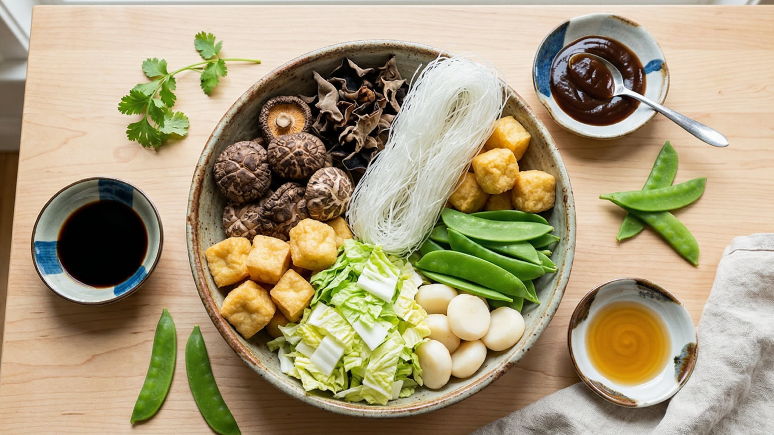 A beautiful flat lay of fresh and dry ingredients on a wooden board: a bowl of dark dried shiitake mushrooms, crinkly wood ear mushrooms, golden tofu puffs, dried glass noodles, bright green snow peas, Napa cabbage, water chestnuts, and small ceramic bowls containing dark soy sauce, vegetarian mushroom sauce, and sesame oil.