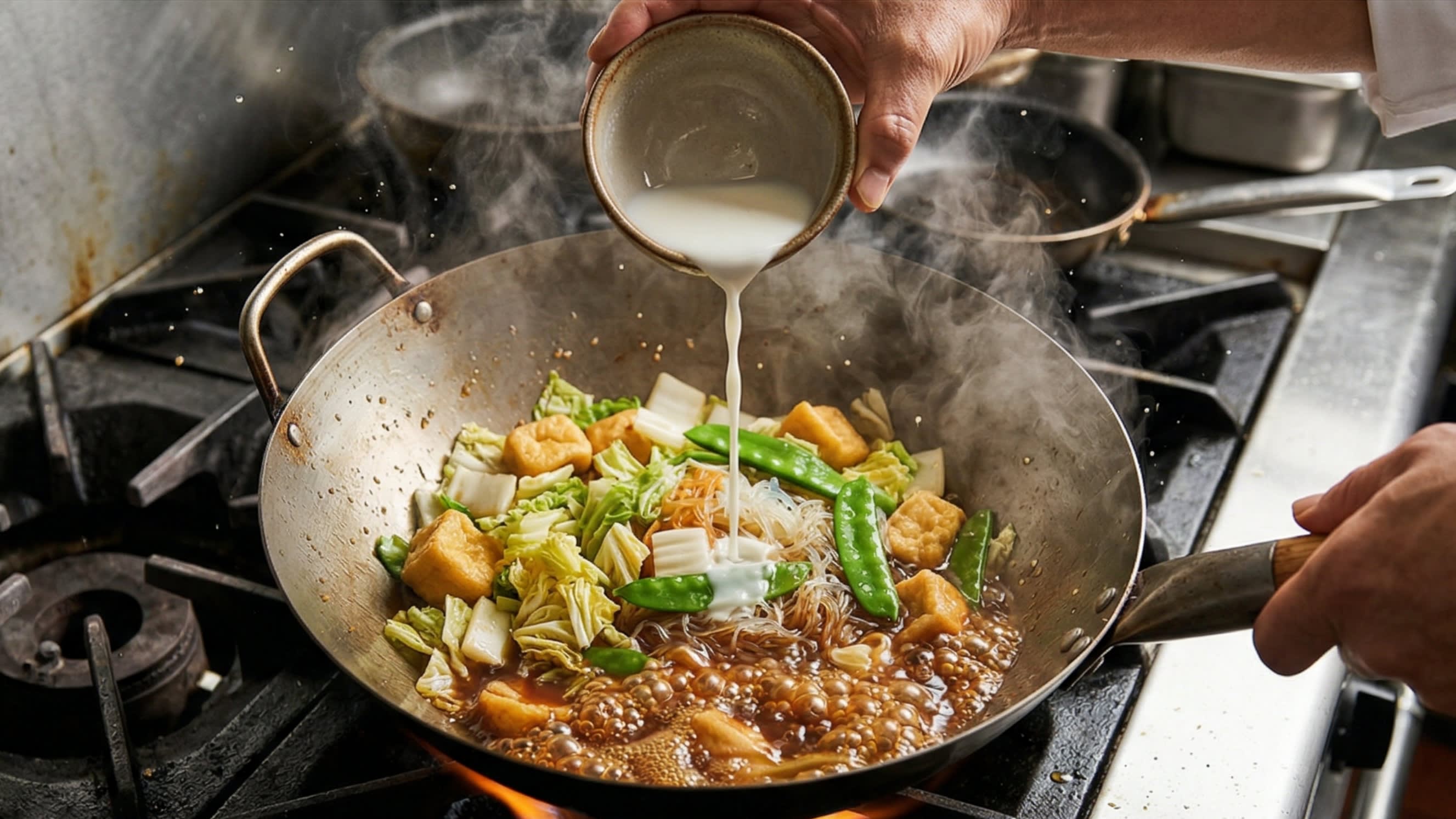 A vibrant action food photography shot looking directly down into the wok. A chef is pouring a thin, milky white cornstarch slurry over the colorful medley of simmering vegetables, tofu puffs, and glass noodles. The dark brown sauce at the bottom of the wok is visibly bubbling and thickening into a rich, glossy glaze.