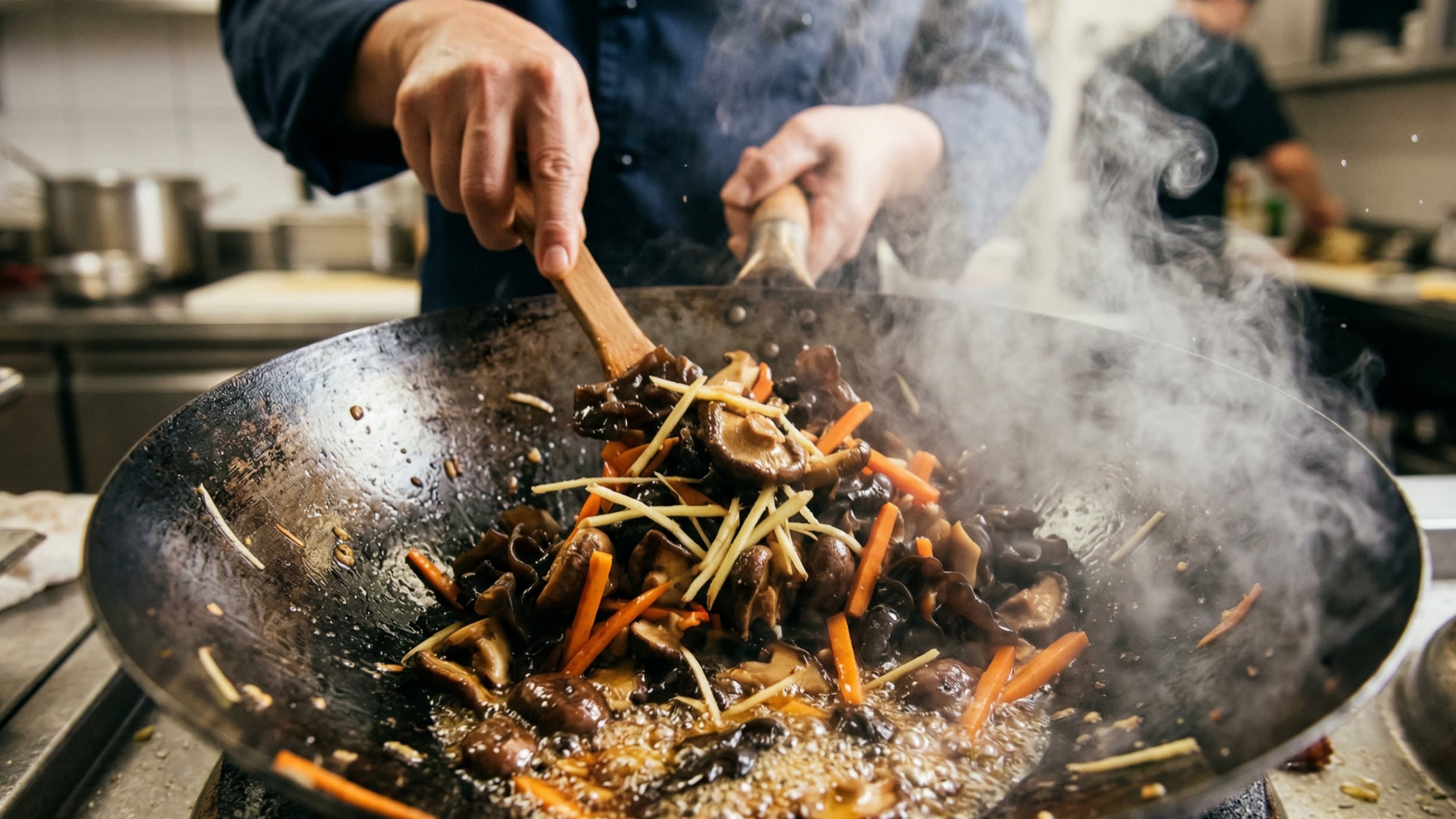 A dynamic close-up action shot looking down into a hot, well-seasoned carbon steel wok. A chef is using a wooden spatula to aggressively stir-fry dark, glossy sliced shiitake mushrooms, crinkly wood ear mushrooms, bright orange carrot slices, and fresh ginger. Sizzling hot oil and plumes of aromatic steam are visible.