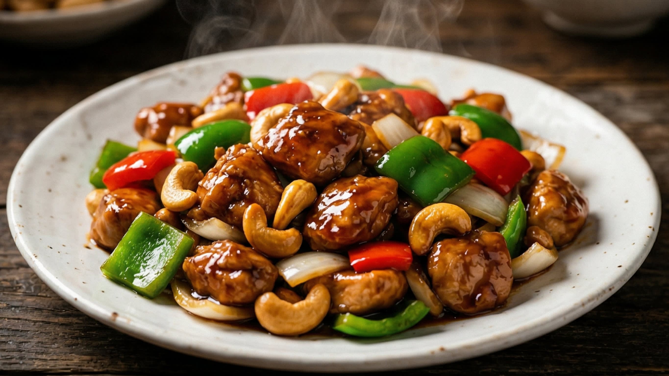 A breathtaking, high-definition close-up of a steaming plate of authentic Chinese Cashew Chicken. Velvety, tender cubes of chicken breast are heavily coated in a rich, dark, glossy brown garlic and oyster sauce. They are beautifully tossed with vibrant emerald-green bell peppers, white onions, and perfectly golden, roasted whole cashews. Hot steam is gently rising in the warm, cinematic lighting.
