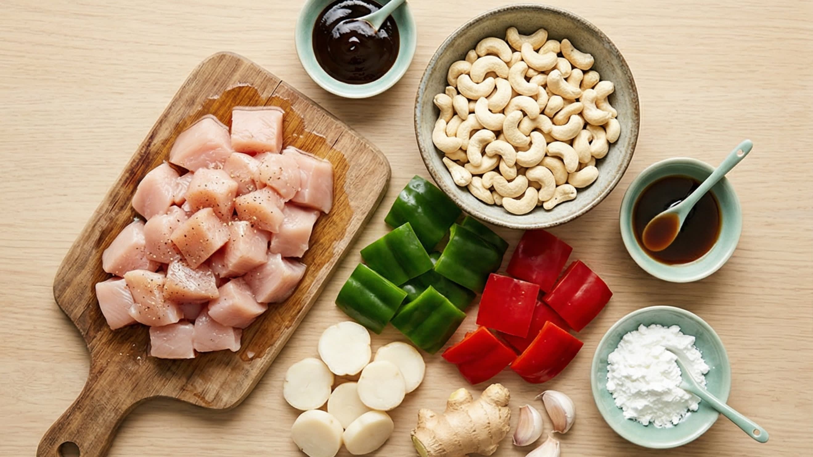 A beautiful flat lay of fresh ingredients on a wooden board: raw chicken breast cut into cubes, a bowl of raw white cashews, vibrant green and red bell peppers, sliced water chestnuts, fresh ginger, garlic, and small ceramic bowls containing dark oyster sauce, soy sauce, and pure white cornstarch.