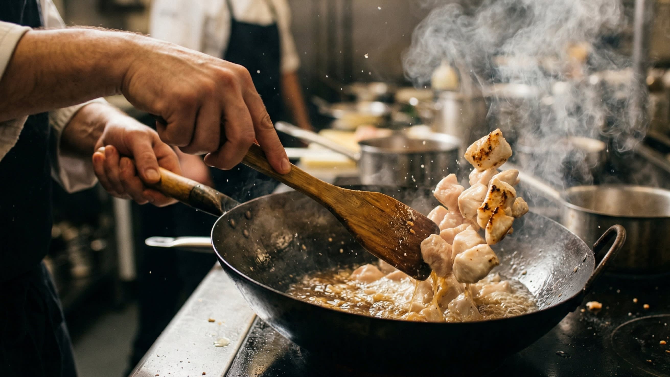 A dynamic close-up action shot looking down into a hot, well-seasoned carbon steel wok. A chef is using a wooden spatula to quickly stir-fry tender, velvety, cornstarch-coated cubes of chicken breast in bubbling hot oil. The chicken is turning beautifully opaque and slightly golden on the edges.