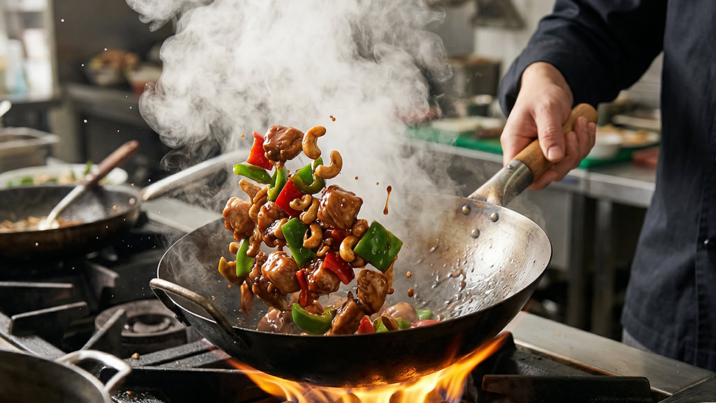A vibrant action food photography shot looking directly down into a hot, traditional carbon steel wok over a bright flame. A chef is aggressively tossing the velvety chicken cubes, bright green and red bell peppers with a thick, glossy, bubbling dark brown savory sauce. Hot steam is rising dramatically.