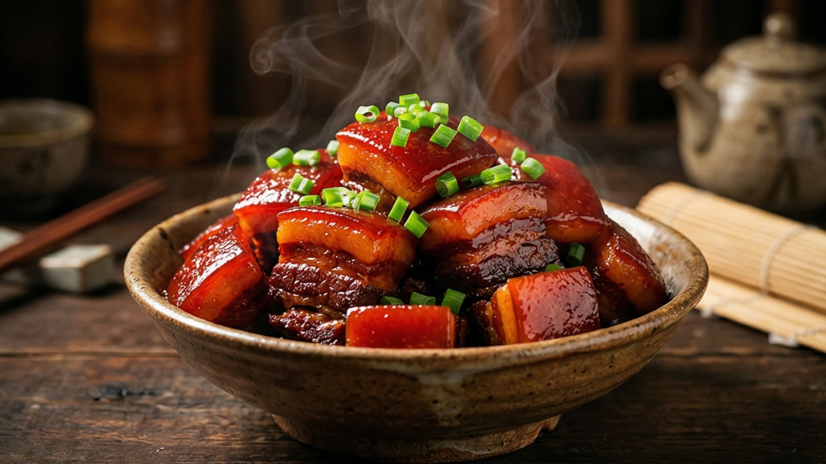 A breathtaking, high-definition close-up of a rustic ceramic bowl filled with steaming Hong Shao Rou (Red Braised Pork Belly). The perfect cubes of pork feature distinct layers of fat and lean meat, topped with a glistening, gelatinous skin. They are heavily coated in a thick, sticky, glowing ruby-red caramelized glaze. Hot steam is gently rising, and bright green scallions provide a vibrant garnish.