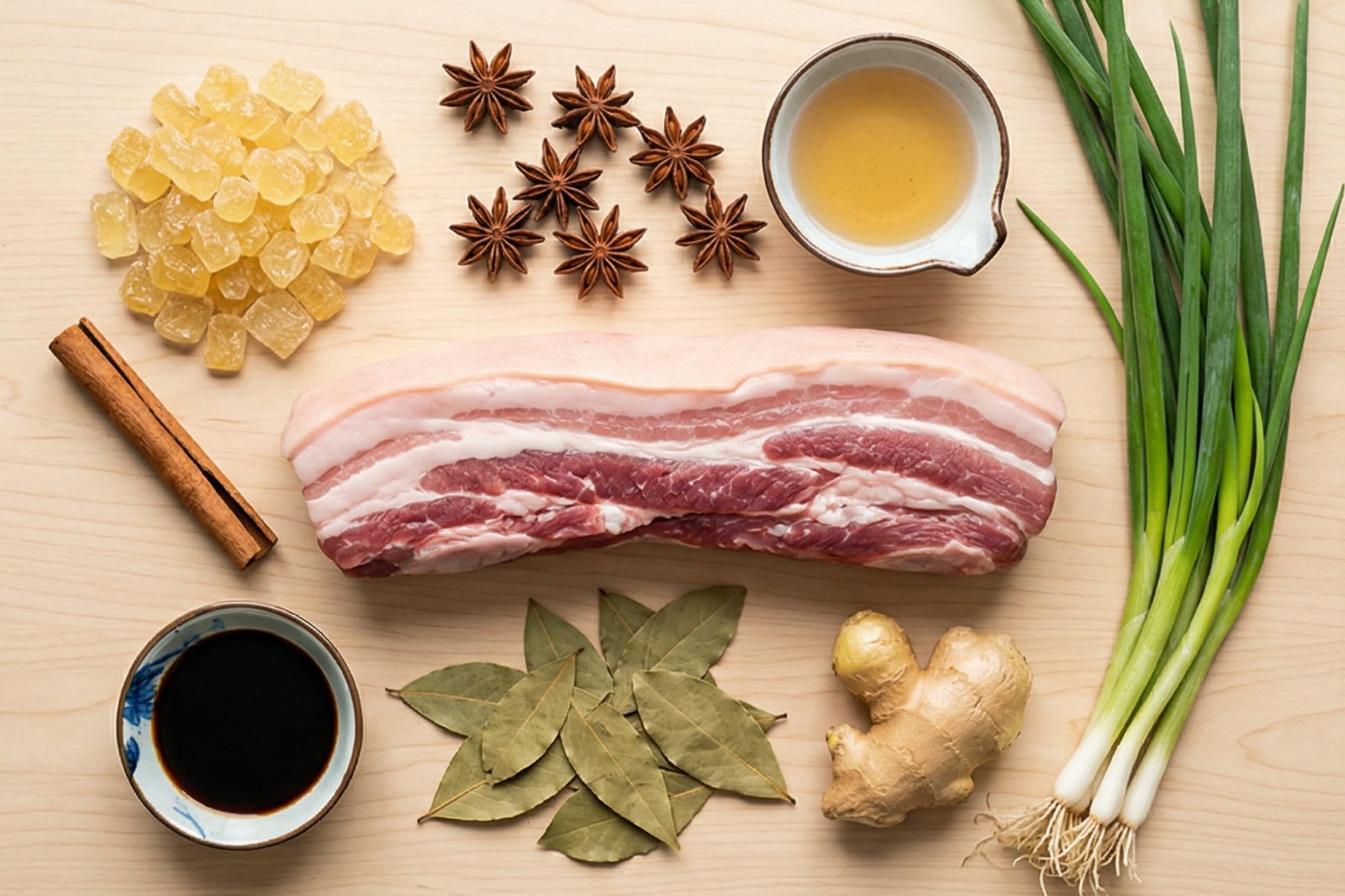 A beautiful flat lay of fresh ingredients on a wooden board: a thick, beautiful slab of raw, skin-on pork belly showing distinct layers of fat and meat, a pile of crystal-like rock sugar, fresh ginger, scallions, whole star anise, cinnamon sticks, bay leaves, and small ceramic bowls containing dark and light soy sauce.