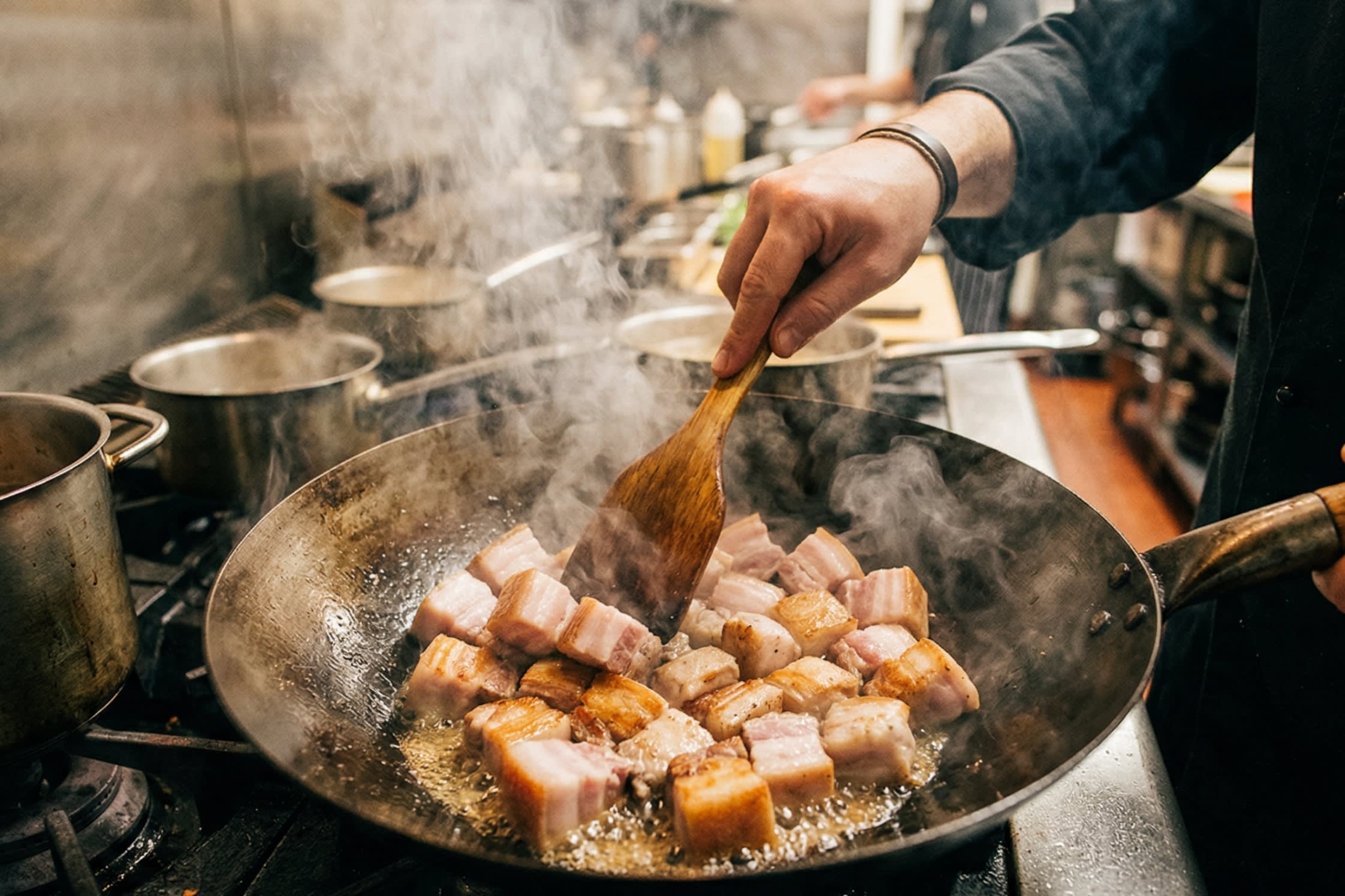 A dynamic close-up action shot looking down into a hot carbon steel wok. A chef is using a wooden spatula to sear large, perfect cubes of skin-on pork belly. The pork is turning beautifully golden brown, and clear, rendered pork fat is bubbling at the bottom of the wok.