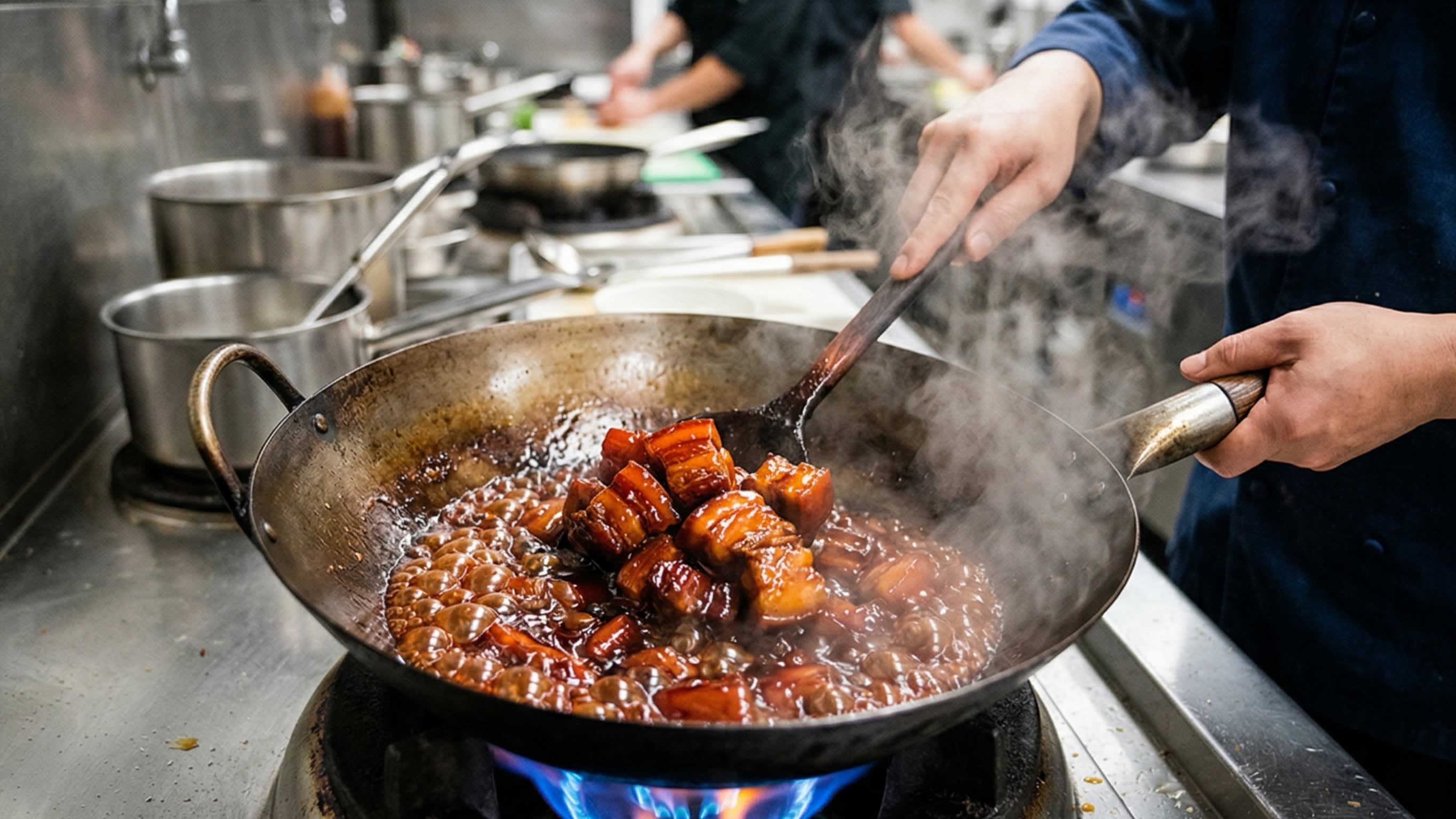 A vibrant action food photography shot looking directly down into a hot, traditional carbon steel wok over a bright flame. A chef has just removed the lid, revealing bubbling, dark ruby-red sauce vigorously boiling and reducing around the tender, glowing pork belly cubes. Hot steam is rising dramatically.
