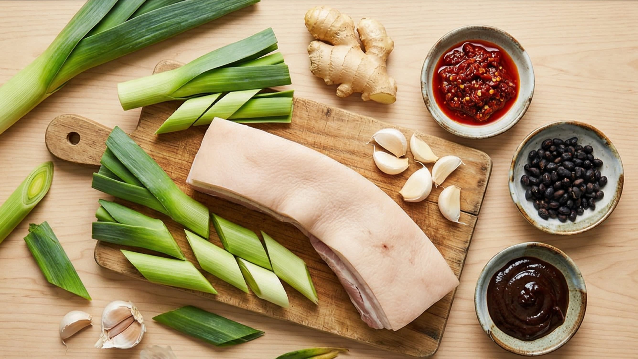 A beautiful flat lay of fresh ingredients on a wooden board: a beautiful slab of boiled, skin-on pork belly, vibrant green leeks cut on a bias, fresh ginger, garlic, and small ceramic bowls containing fiery red Pixian Doubanjiang, black fermented Douchi, and dark sweet Tianmianjiang.