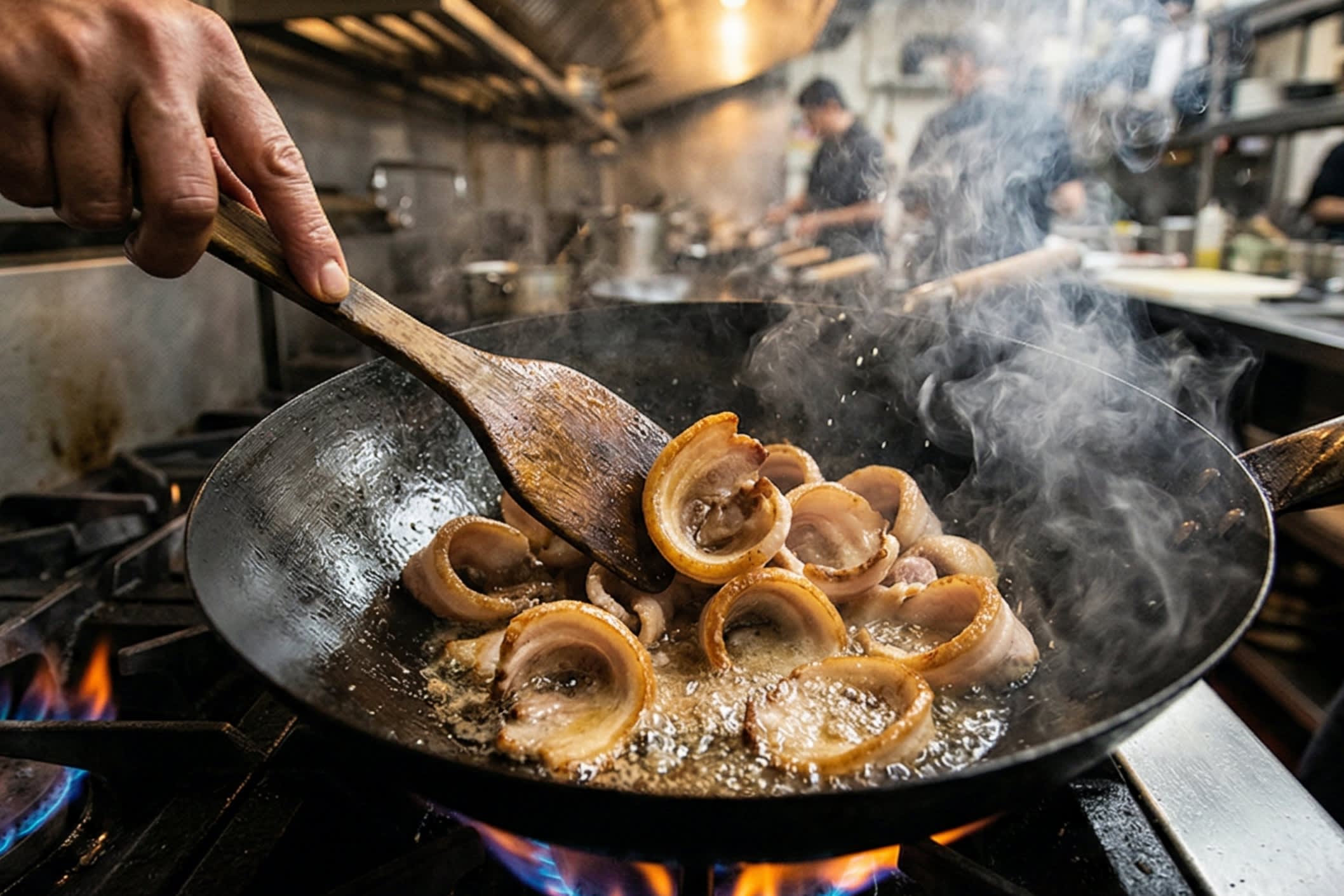 A dynamic close-up action shot looking down into a hot carbon steel wok. A chef is using a wooden spatula to sear paper-thin slices of skin-on pork belly. The edges of the pork are visibly curling up into tiny "lantern bowl" shapes, and clear, rendered pork fat is bubbling at the bottom of the wok.