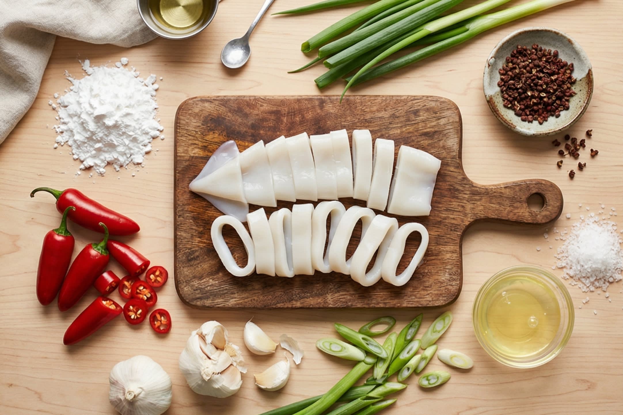 A beautiful flat lay of fresh ingredients on a wooden board: cleaned white squid tubes, a mound of coarse sweet potato starch, fiery red jalapeño peppers, fresh garlic cloves, vibrant green scallions, whole Sichuan peppercorns, coarse sea salt, and a small bowl of egg whites.