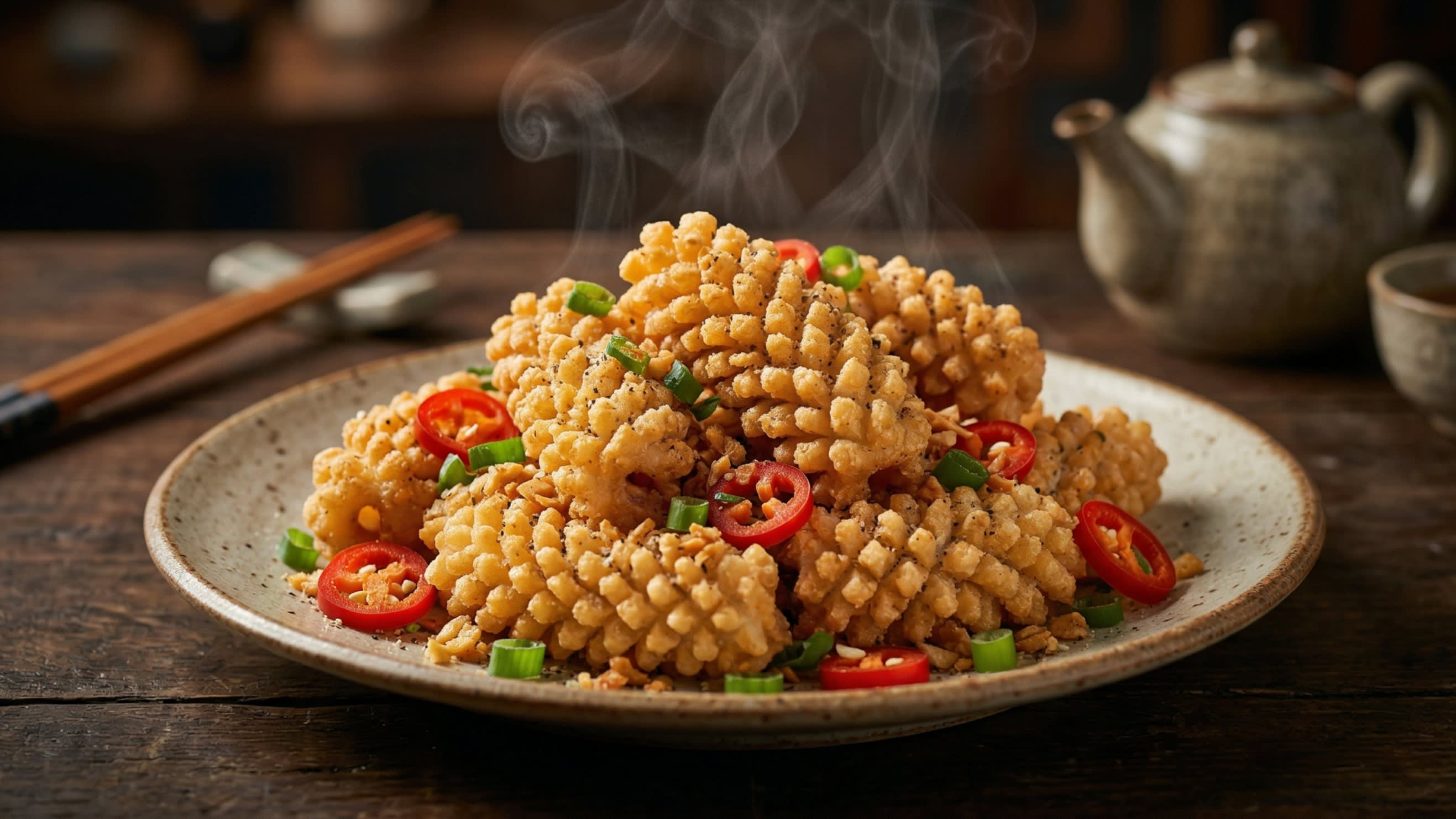 A breathtaking, high-definition close-up of a rustic ceramic plate piled high with authentic Chinese Salt and Pepper Squid. The golden-fried squid pieces have beautifully curled into intricate, pinecone-like shapes with a shatteringly crisp, bubbly crust. They are heavily dusted with a fragrant salt and pepper mix, beautifully tossed with bright red chili rings, vibrant green scallions, and golden fried garlic. Hot, appetizing steam is gently rising.