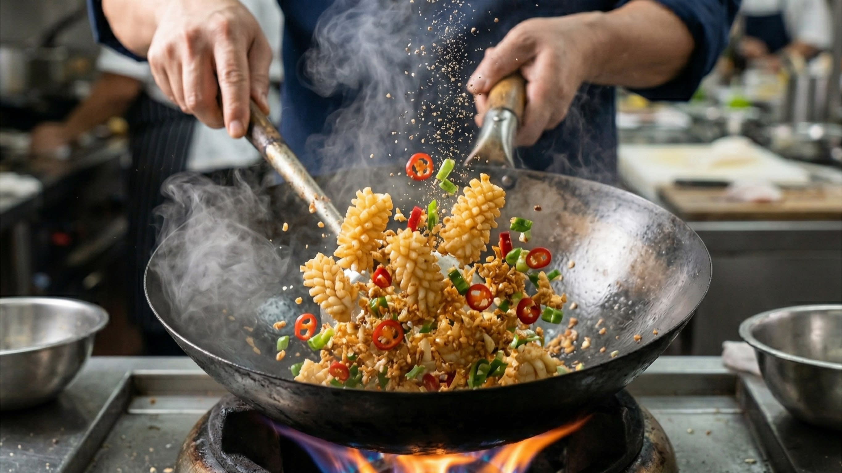 A vibrant action food photography shot looking directly down into a hot, traditional carbon steel wok over a bright flame. A chef is aggressively tossing the golden, perfectly curled, crispy squid pinecones with golden fried garlic, bright red chili rings, and green scallions. The seasoned salt is flying through the air, and hot steam is rising dramatically.