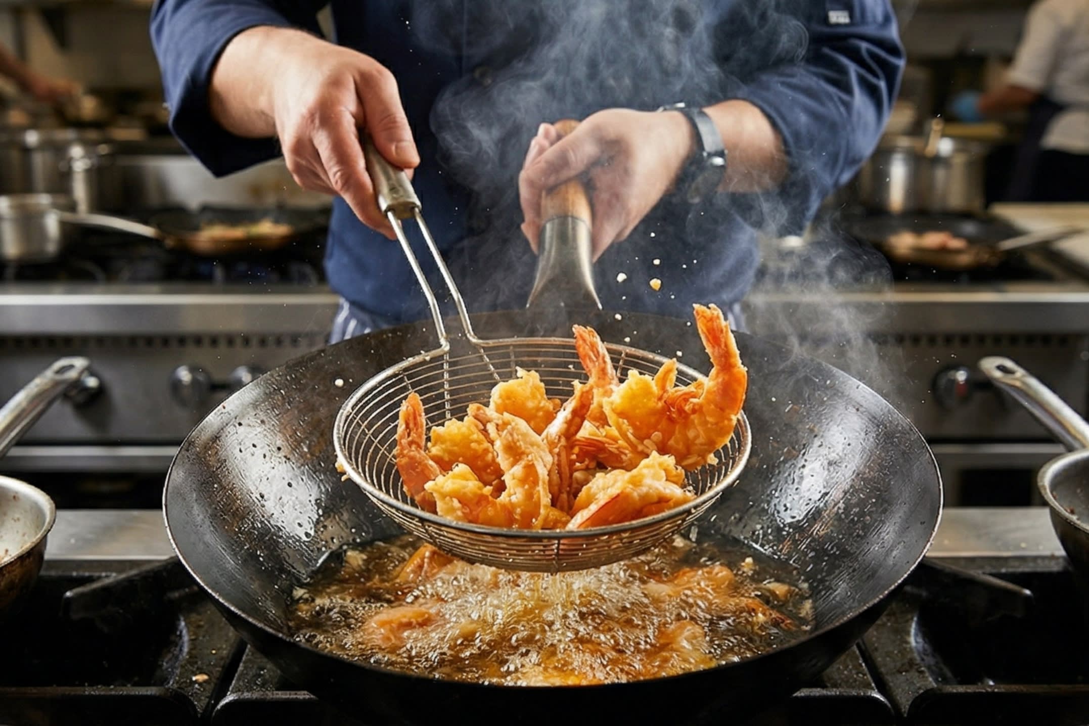 A dynamic close-up action shot looking down into a hot carbon steel wok. A chef is using a metal spider strainer to deep-fry the cornstarch-coated, shell-on shrimp in bubbling hot oil. The cut backs of the shrimp are beautifully flaring open, and the shells are turning a vibrant, bright golden-orange.