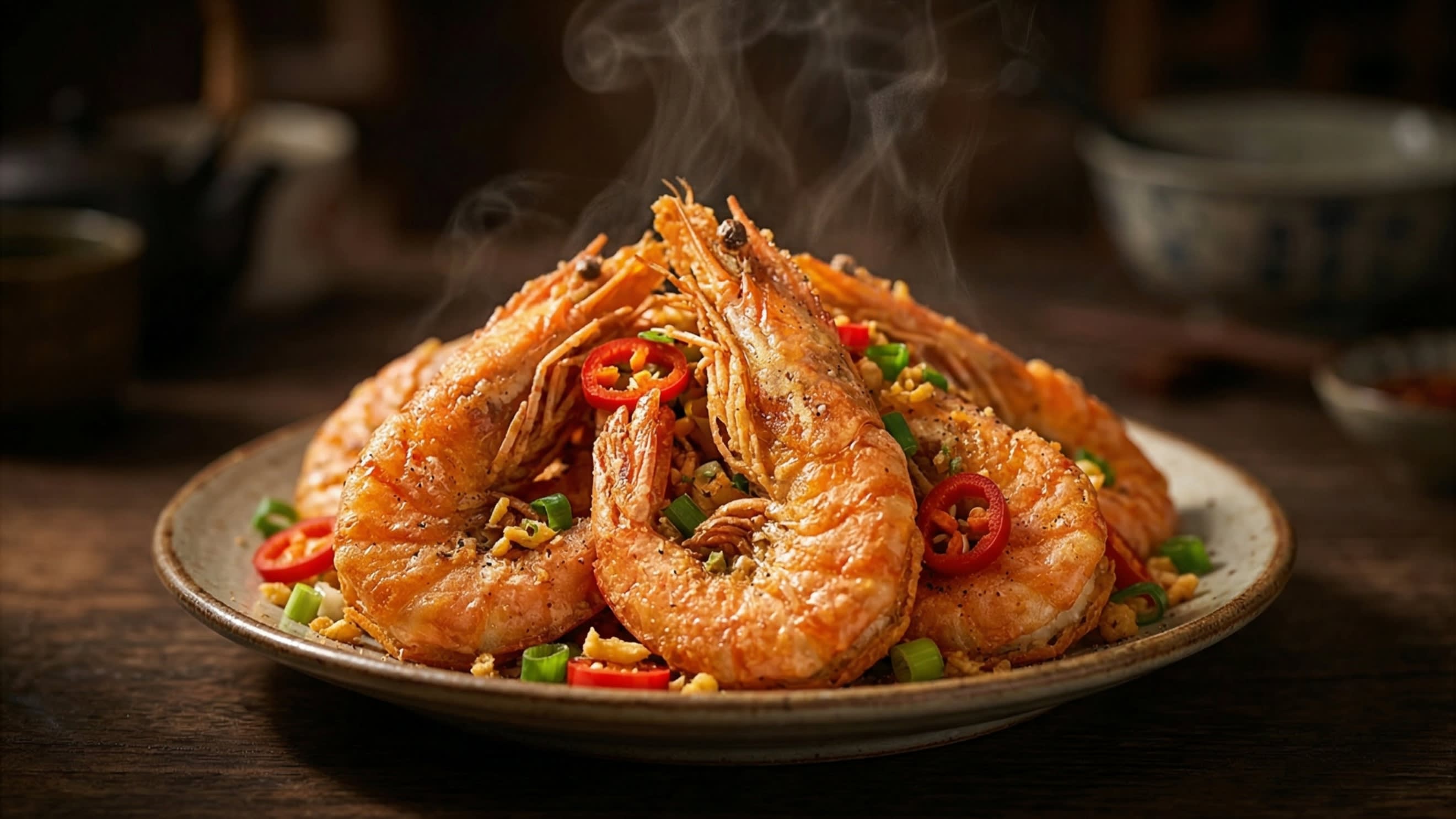 A breathtaking, high-definition close-up of a rustic ceramic plate piled high with authentic Chinese Salt and Pepper Shrimp. The large, shell-on shrimp are fried to a breathtaking golden-orange, their shells visibly blistered, craggy, and shatteringly crisp. They are heavily dusted with a fragrant salt and pepper spice blend, and tossed with vibrant red jalapeño rings, green scallions, and golden fried minced garlic. Hot, appetizing steam is gently rising.
