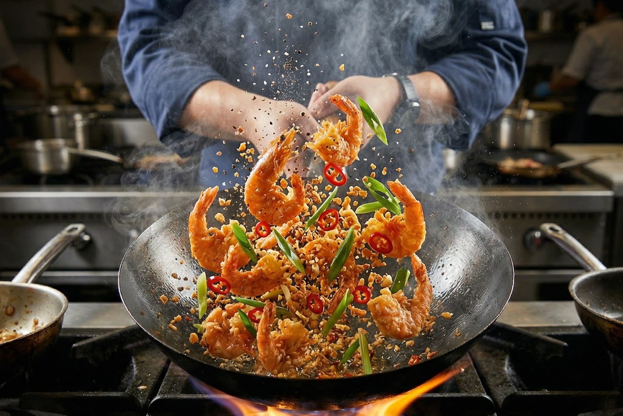 A vibrant action food photography shot looking directly down into a hot, traditional carbon steel wok over a bright flame. A chef is aggressively tossing the blazing orange, blistered, crispy shell-on shrimp with golden fried garlic, bright red chili rings, and green scallions. A fine dusting of the seasoned salt and pepper blend is flying through the air, coating the seafood. Hot steam is rising dramatically.