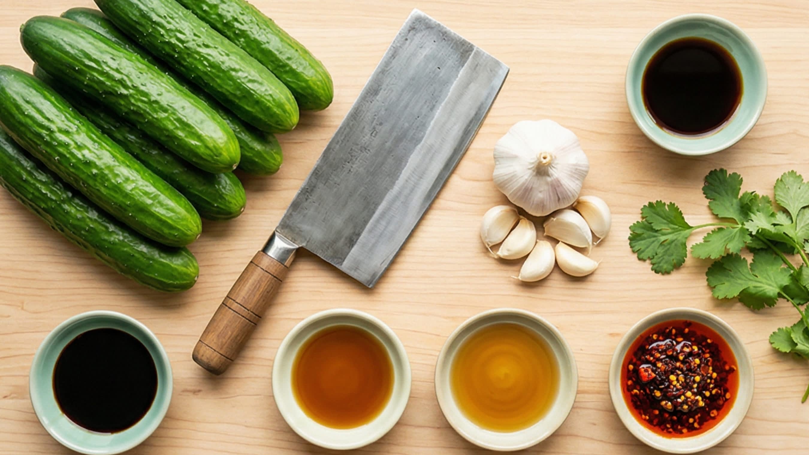 A beautiful flat lay of fresh ingredients on a wooden board: a pile of vibrant green, bumpy Persian cucumbers, a heavy traditional Chinese cleaver, a whole head of garlic with peeled cloves, fresh cilantro, and small aesthetic ceramic bowls containing dark Chinkiang vinegar, light soy sauce, toasted sesame oil, and bright red chili crisp.