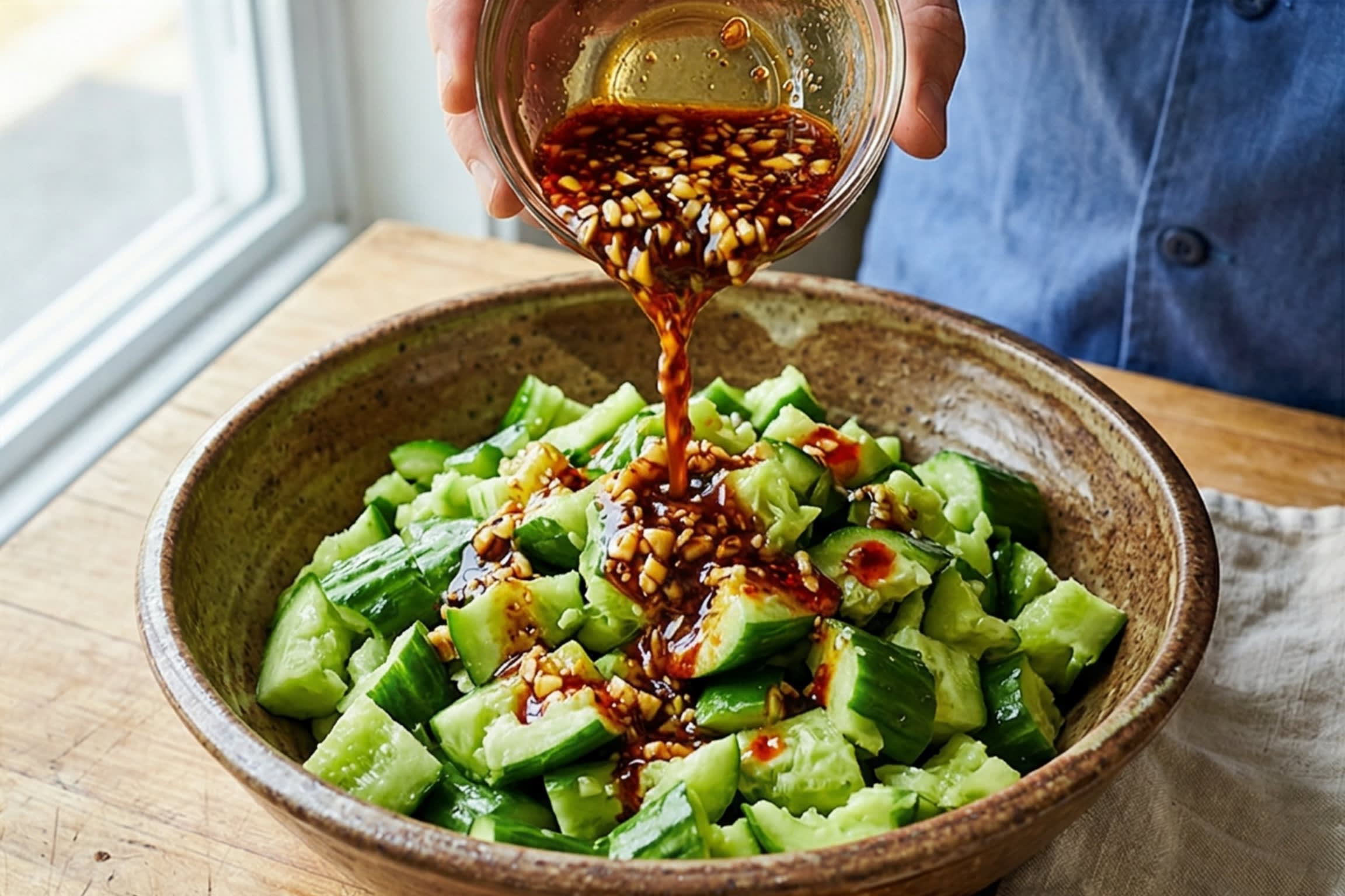 A vibrant action food photography shot looking directly down into a rustic ceramic mixing bowl. A chef is pouring a dark, glossy, incredibly aromatic vinaigrette (filled with visible minced garlic, sesame oil, and red chili crisp) over a mountain of jagged, freshly smashed bright green cucumber chunks.