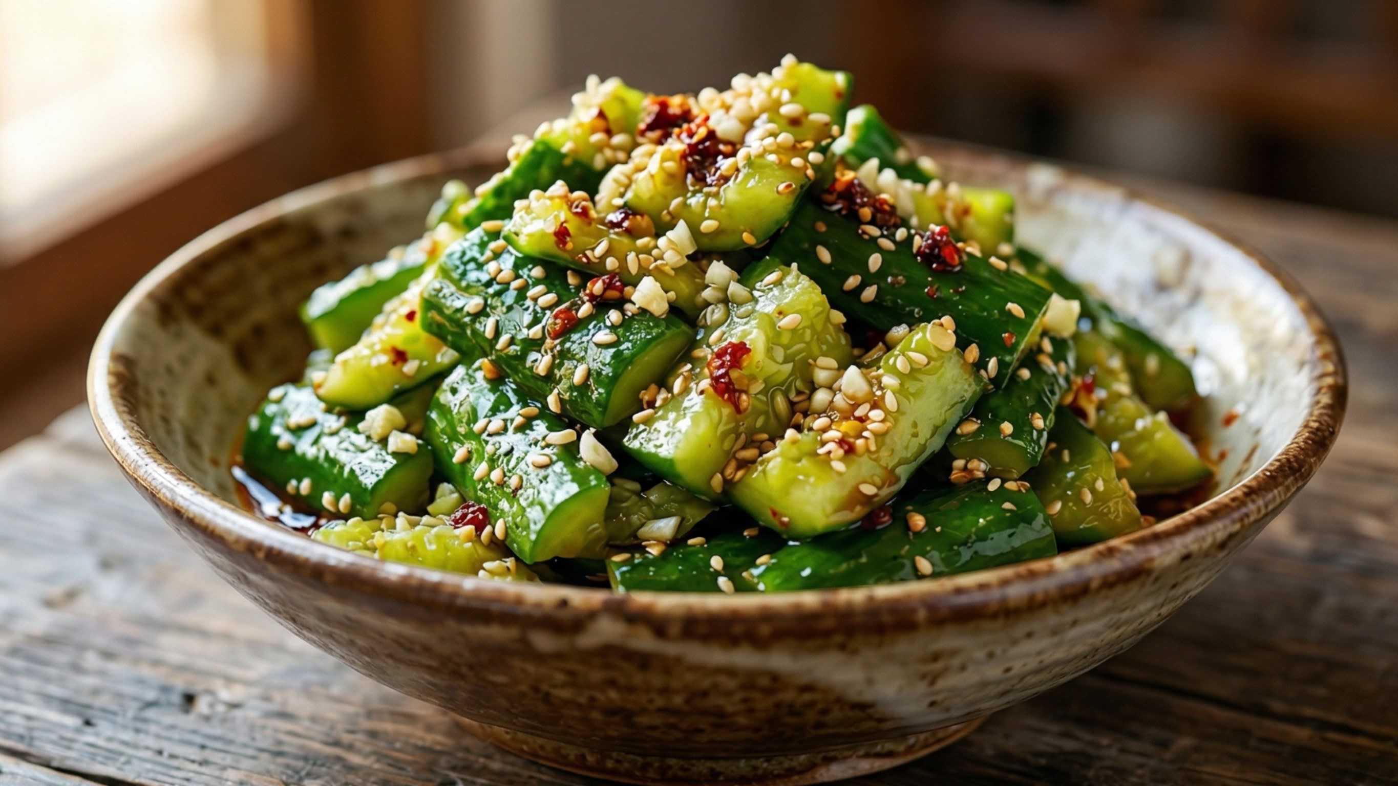 A breathtaking, high-definition close-up of a rustic ceramic bowl filled with vibrant green, glistening authentic Chinese Smashed Cucumber Salad. The cucumbers have highly irregular, craggy edges and are heavily coated in a dark, savory vinaigrette made of black vinegar, soy sauce, and bright red chili oil. Massive amounts of finely minced white garlic and toasted sesame seeds cling perfectly to the jagged vegetable pieces.