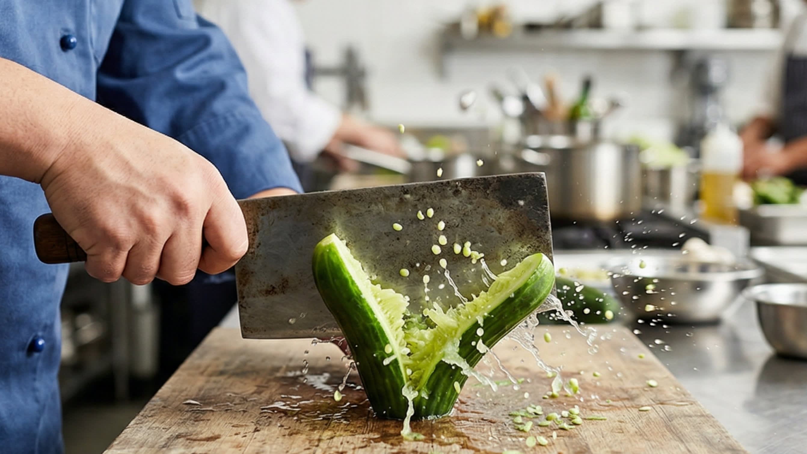 A dynamic close-up action shot focusing on a chef's hands inside a bright kitchen. The chef is using the large, flat side of a traditional Chinese carbon steel cleaver to aggressively smash a whole green Persian cucumber on a wooden cutting board. The cucumber is visibly cracking, splitting down the middle, and bursting open.