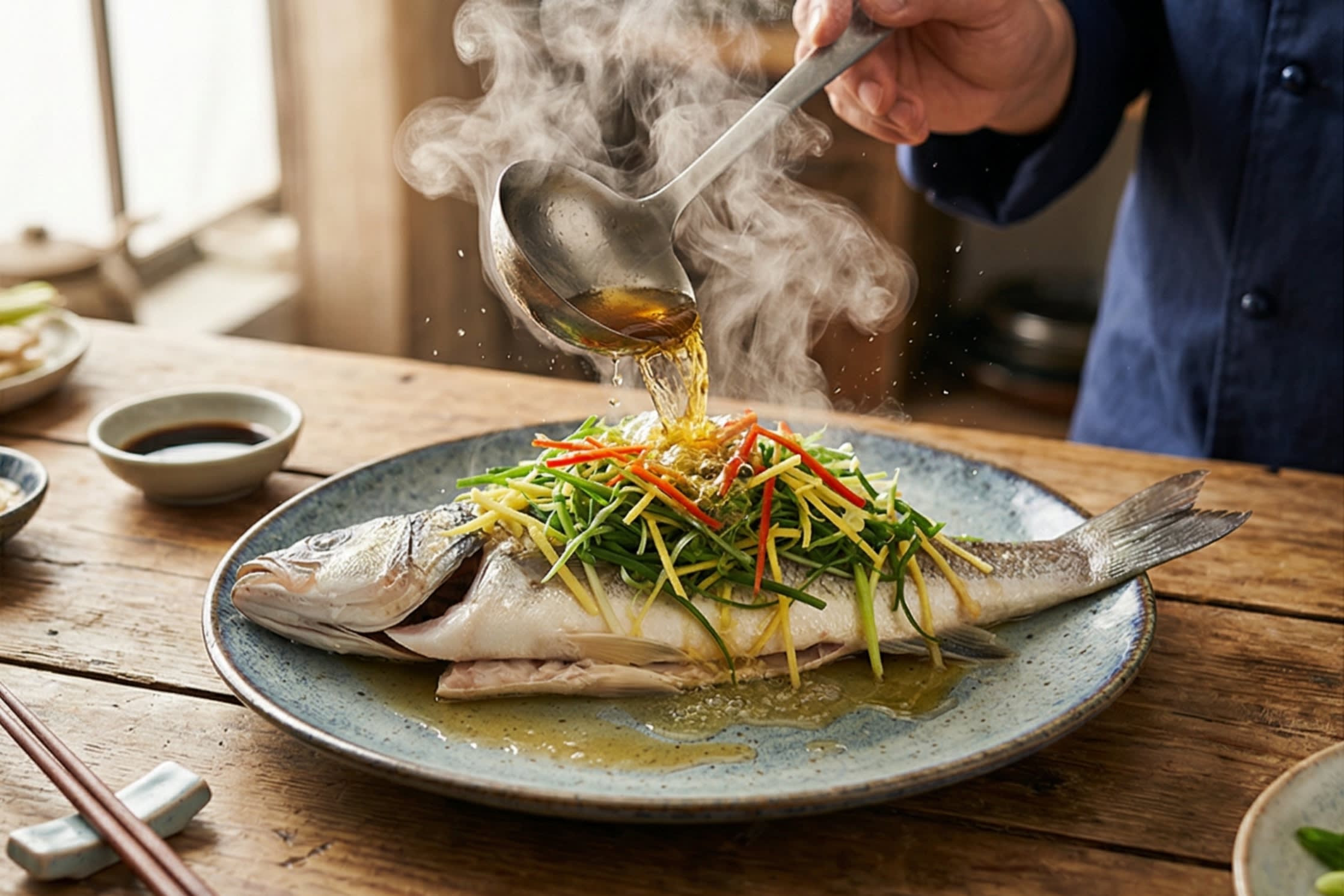 A vibrant action food photography shot looking directly down at a beautifully steamed whole fish on a ceramic plate. A chef is pouring a steady stream of smoking hot, shimmering cooking oil from a ladle directly over a mountain of finely julienned green scallions, ginger, and red chili threads resting on top of the fish. Intense heat, aggressive sizzling, and thick plumes of appetizing, aromatic white steam are rising dramatically.