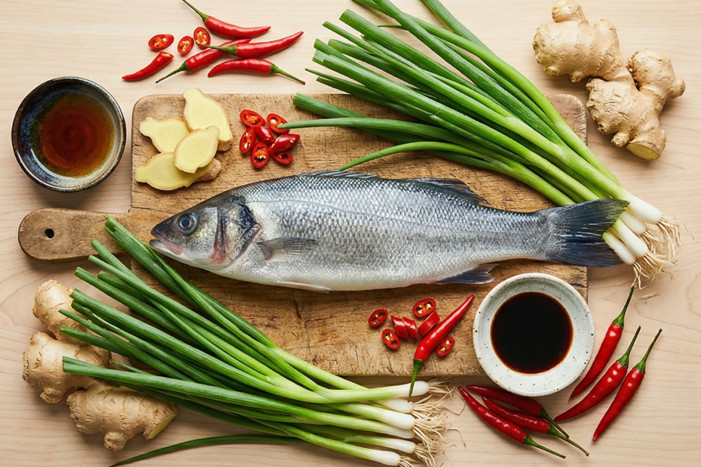 A beautiful flat lay of fresh ingredients on a wooden board: a stunning, whole, cleaned Sea Bass (Branzino), massive bunches of fresh green scallions, large knobs of fresh ginger, vibrant red chili peppers, Shaoxing cooking wine, and a bottle of specialized Seasoned Soy Sauce for Seafood.