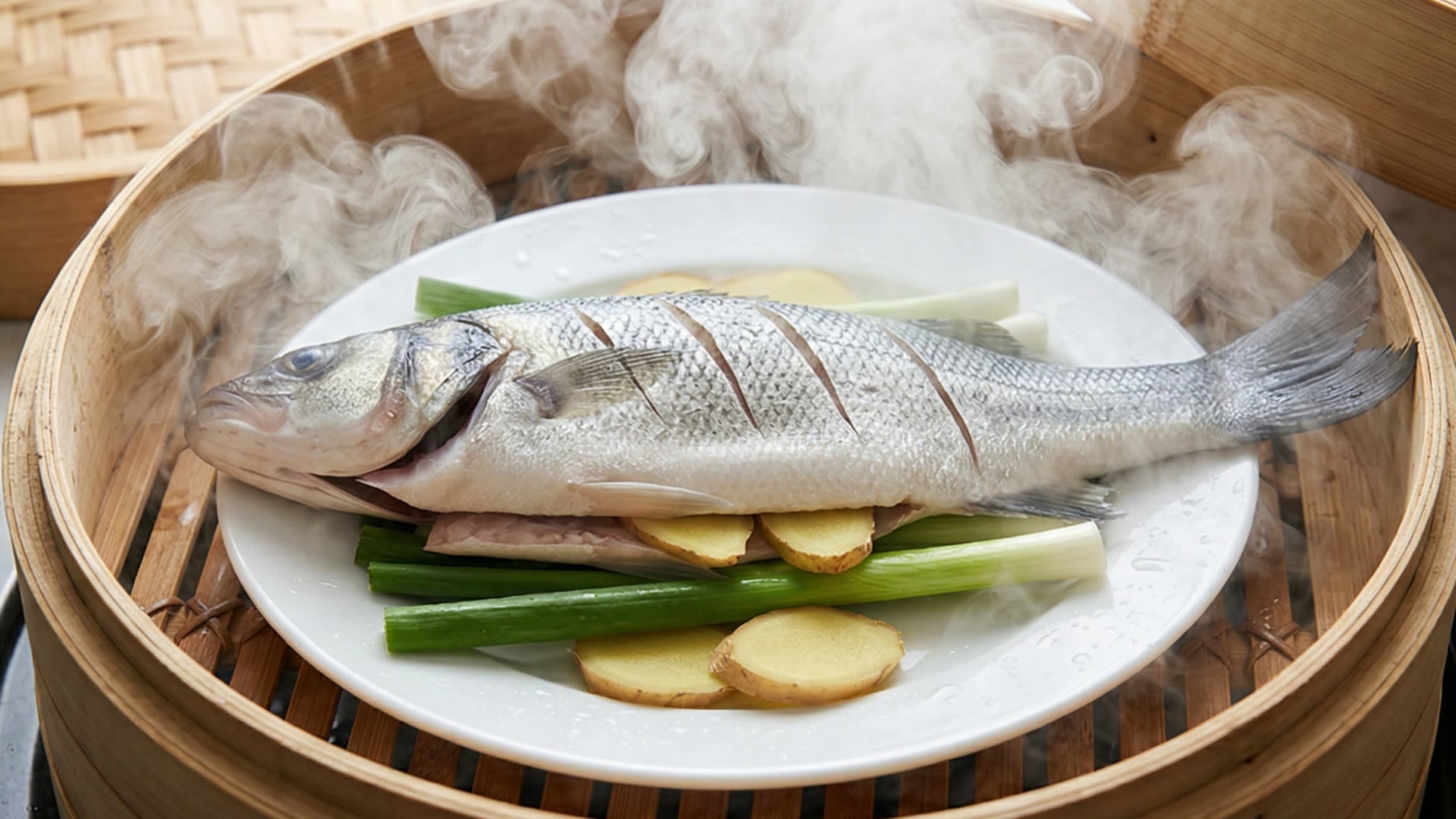 A dynamic close-up action food photography shot looking inside a traditional bamboo steamer. A beautiful, whole scored sea bass is resting on a bed of thick green scallions and ginger slices on a white ceramic plate. Thick, billowing clouds of hot, purifying white steam are enveloping the fish.