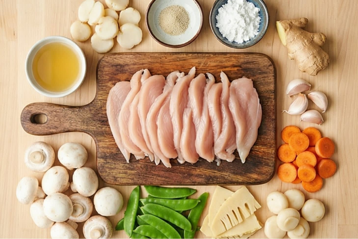 A beautiful flat lay of fresh ingredients on a wooden board: very thinly sliced raw chicken breast, fresh white button mushrooms, bright emerald-green snow peas, sliced bamboo shoots, crunchy water chestnuts, orange carrot rounds, fresh garlic, ginger, and small ceramic bowls containing clear chicken broth, white pepper, and cornstarch.