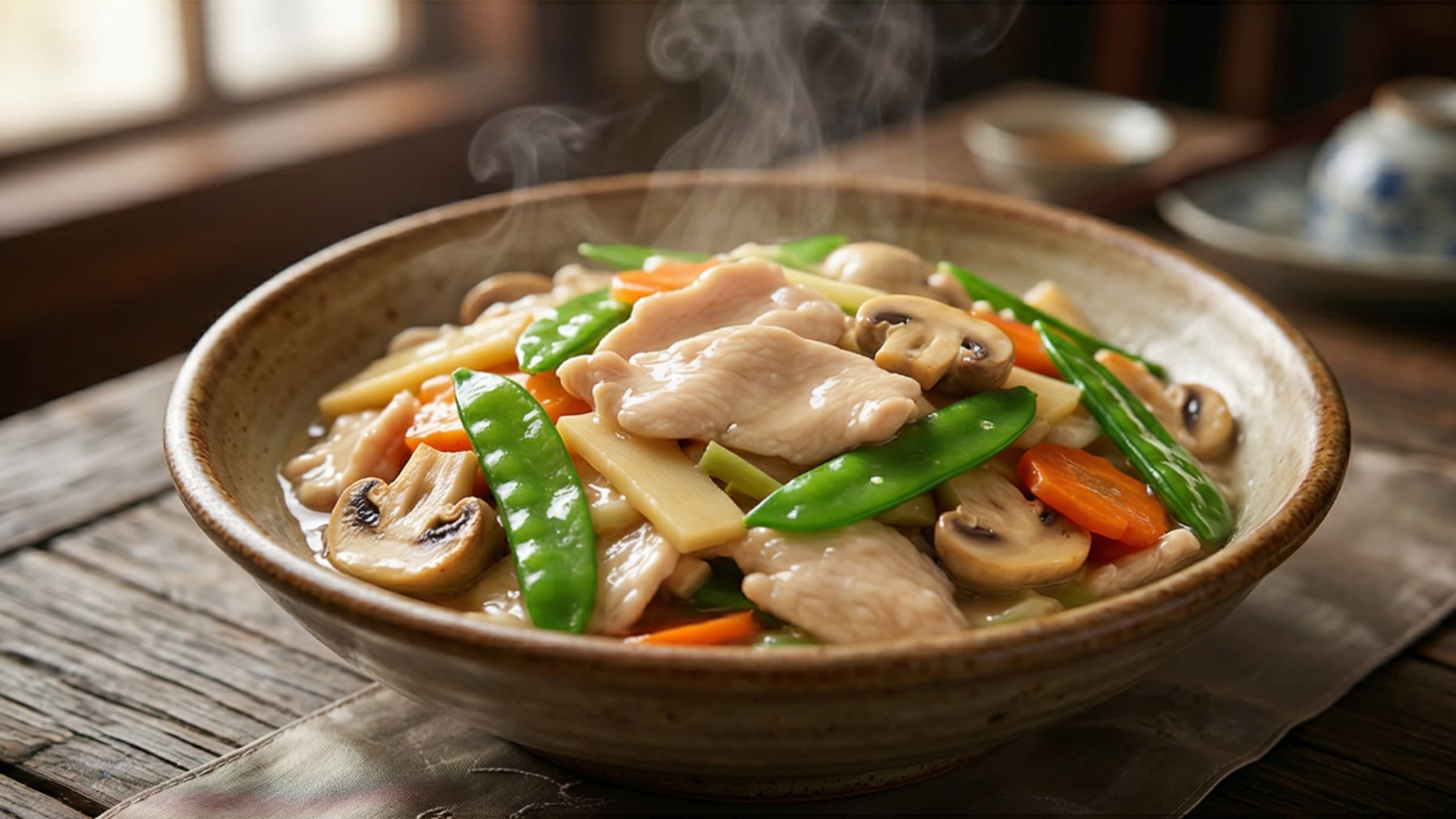 A breathtaking, high-definition close-up of a rustic ceramic bowl overflowing with vibrant, steaming Moo Goo Gai Pan. Velvety, thin slices of pale chicken breast are mixed with beautifully seared white button mushrooms, bright emerald-green snow peas, crisp bamboo shoots, and sliced carrots. Everything is perfectly coated in a light, glossy, slightly translucent savory white garlic sauce. Hot steam is gently rising in the warm, cinematic lighting.