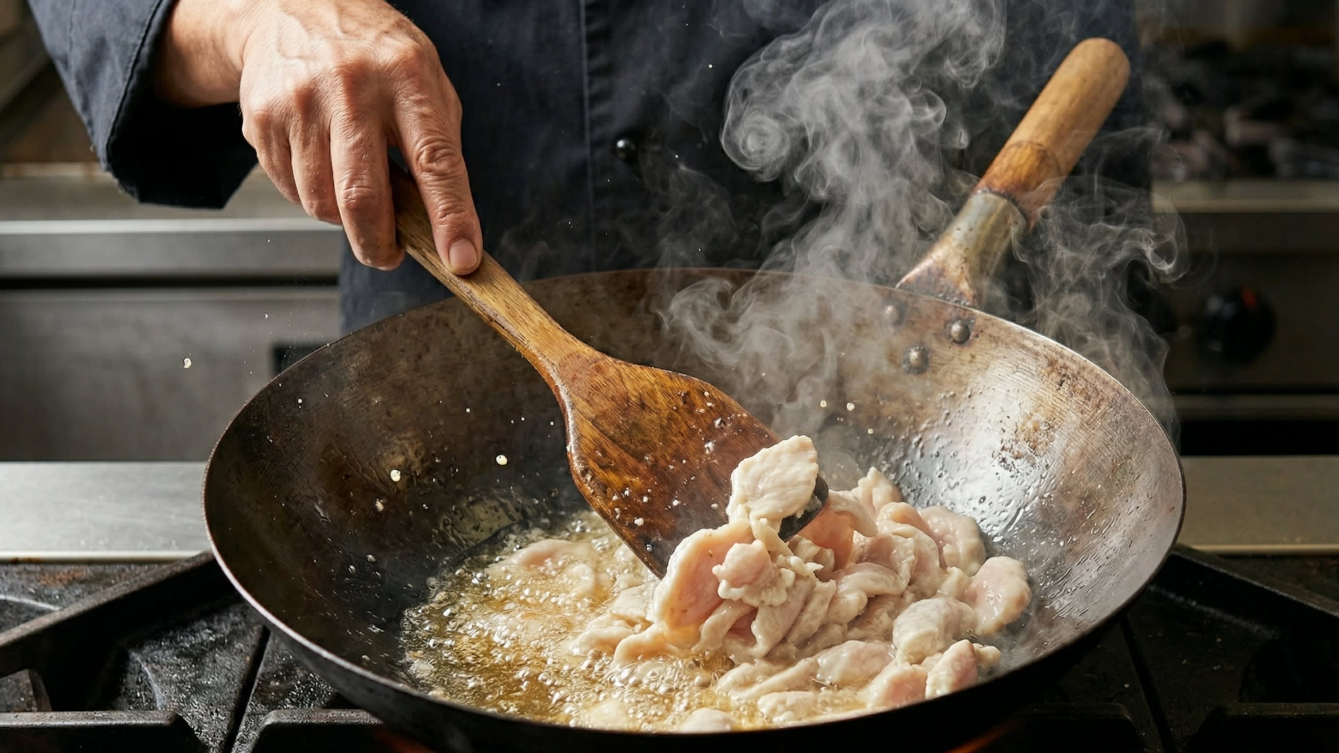 A dynamic close-up action shot looking down into a hot, well-seasoned carbon steel wok. A chef is using a wooden spatula to quickly stir-fry incredibly thin, velvety, pale slices of cornstarch-coated chicken breast in bubbling hot oil. The chicken is turning opaque white. High heat, plumes of appetizing steam.