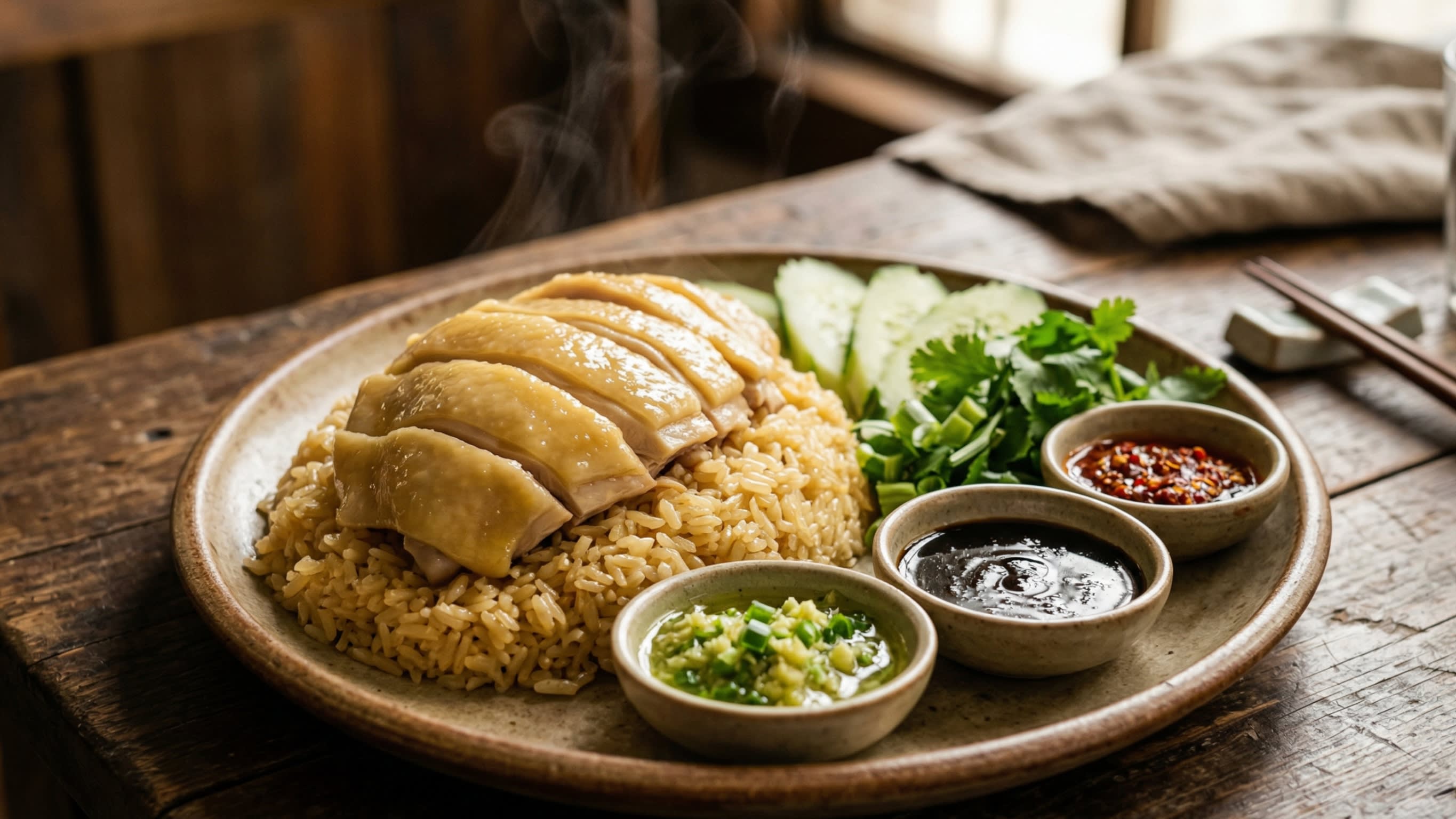 A breathtaking, high-definition close-up of a rustic ceramic plate featuring authentic Hainan Chicken Rice. Perfectly sliced, velvety poached chicken with glistening, pale yellow skin is beautifully fanned out over a mound of glossy, fragrant, golden-hued chicken fat rice. The dish is accompanied by three small aesthetic bowls containing the holy trinity of sauces: bright green ginger-scallion oil, thick dark sweet soy sauce, and vibrant red chili garlic sauce. Fresh cucumber slices garnish the side. Hot steam is gently rising.