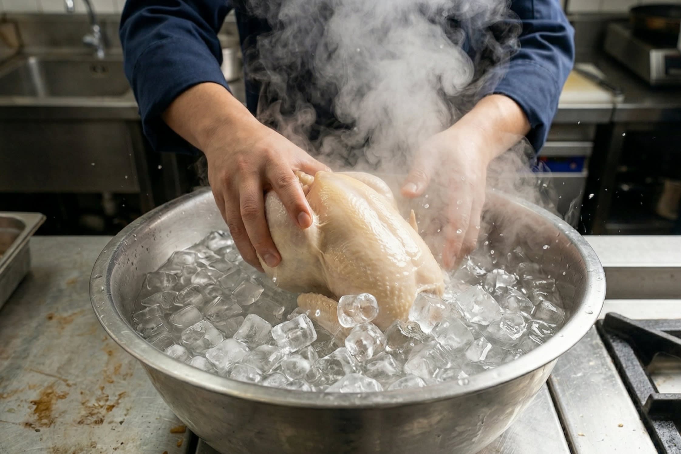 A dynamic close-up action food photography shot focusing on a large stainless steel bowl filled with ice water and floating ice cubes. A chef is plunging a steaming hot, whole poached chicken directly into the freezing water. The contrast between the hot steam and the ice is visually striking.