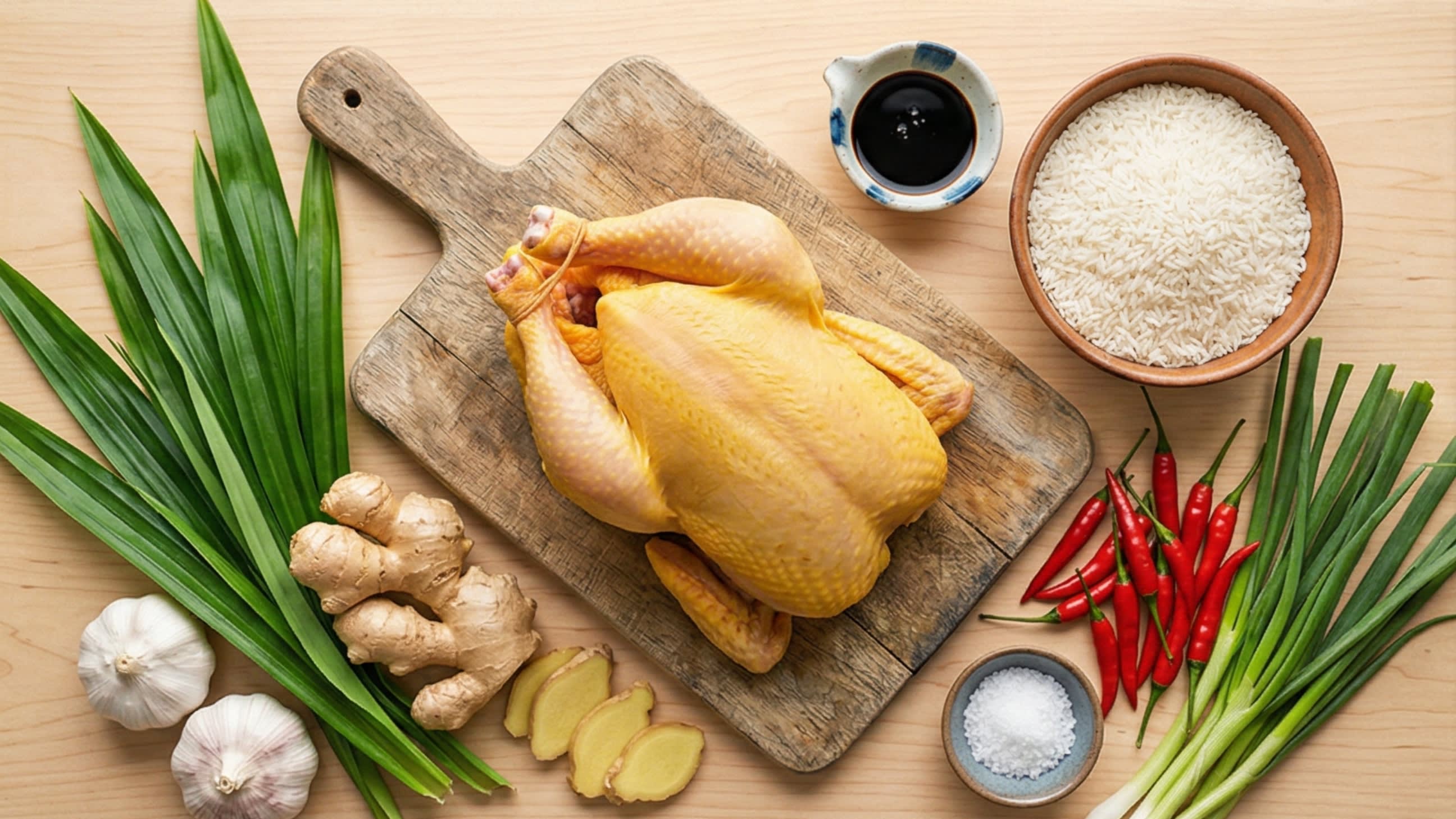 A beautiful flat lay of fresh ingredients on a wooden board: a stunning, high-quality whole free-range yellow chicken, long fragrant green Pandan leaves, massive knobs of fresh ginger, whole heads of garlic, bright red Thai bird's eye chilies, green scallions, and a bowl of raw, unwashed Jasmine rice. Small ceramic bowls of dark soy sauce and coarse salt surround the ingredients.
