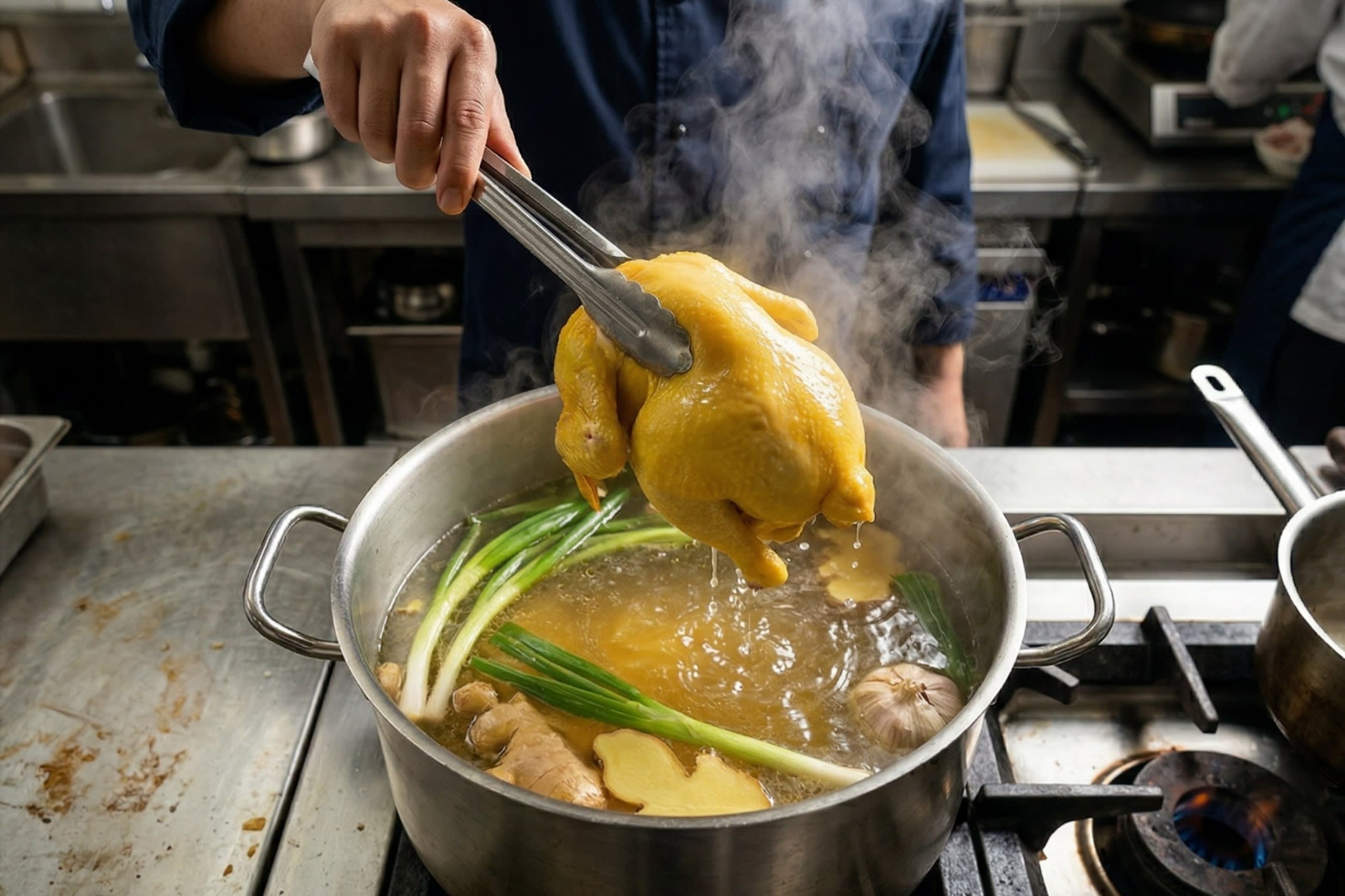 A dynamic action food photography shot looking directly down at a large metal pot. A chef is using kitchen tongs to carefully lift a steaming, perfectly poached whole chicken out of the rich, clear, golden-yellow broth. The skin of the chicken looks incredibly plump and tight.