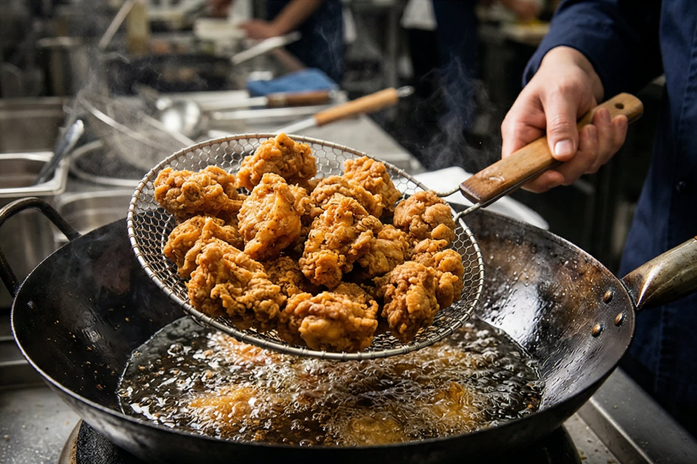 A dynamic, close-up action food photography shot inside a professional kitchen. A chef is using a traditional metal Asian spider strainer to lift a large batch of freshly deep-fried, incredibly crispy, golden-brown battered chicken chunks out of a wok full of bubbling, hot frying oil. The texture of the chicken crust looks shatteringly crisp.
